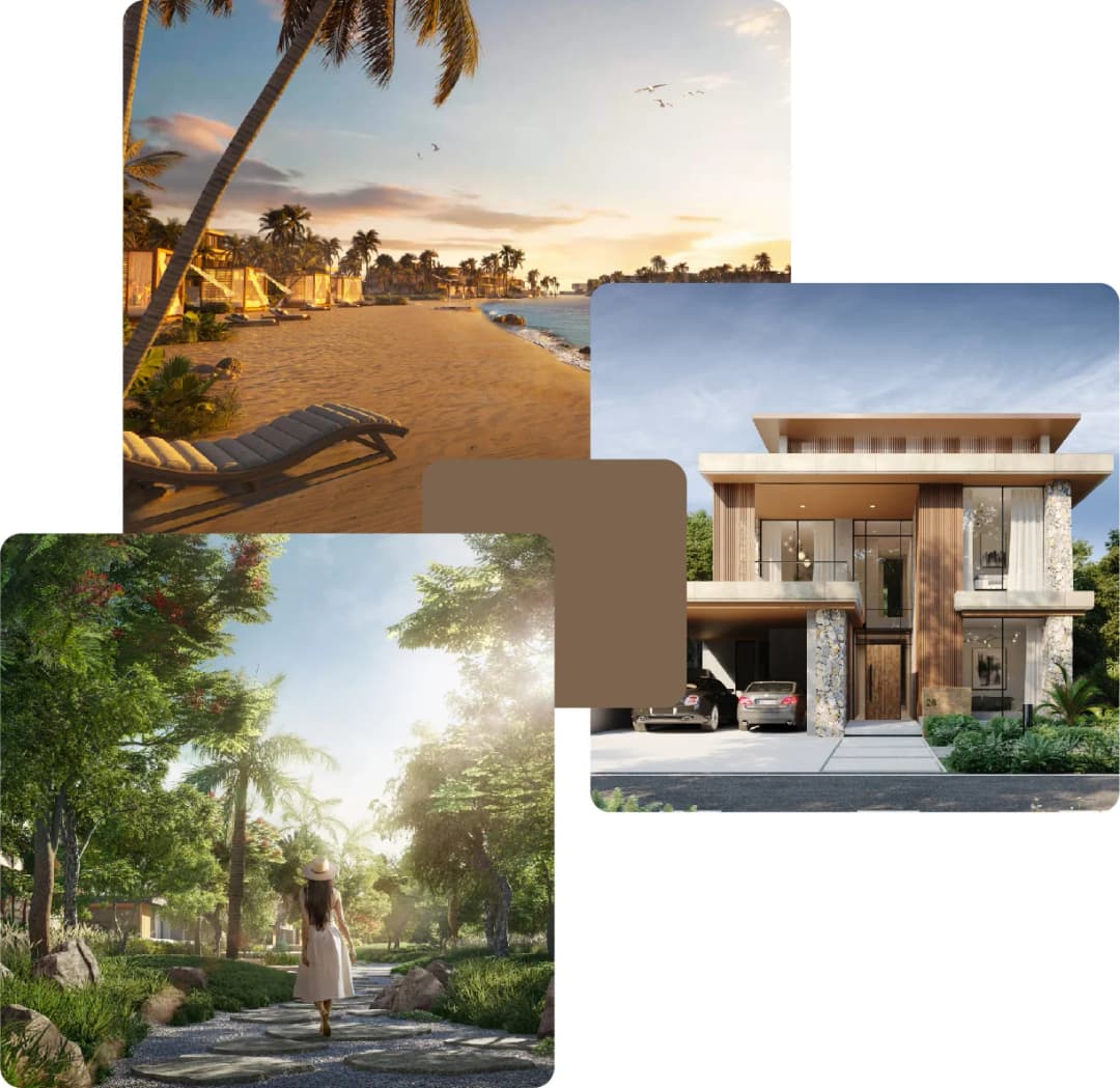 Sunny beachfront walk and luxury villa in lush green surroundings