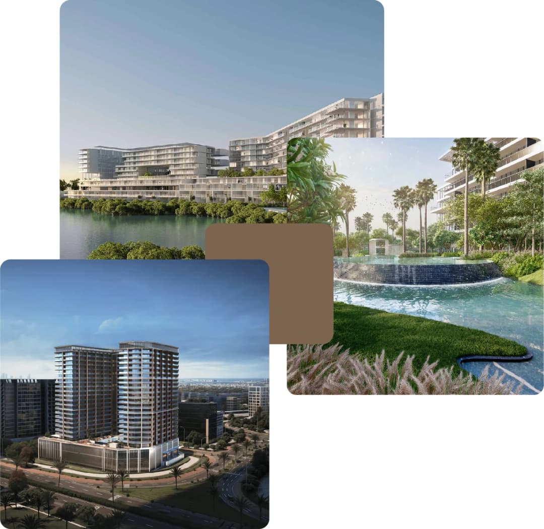 Lakeside residences with fountains and greenery