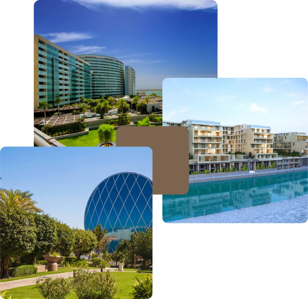 Curved glass towers and round blue landmark