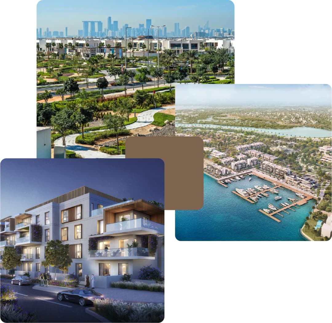 Modern residential community with marina and city skyline
