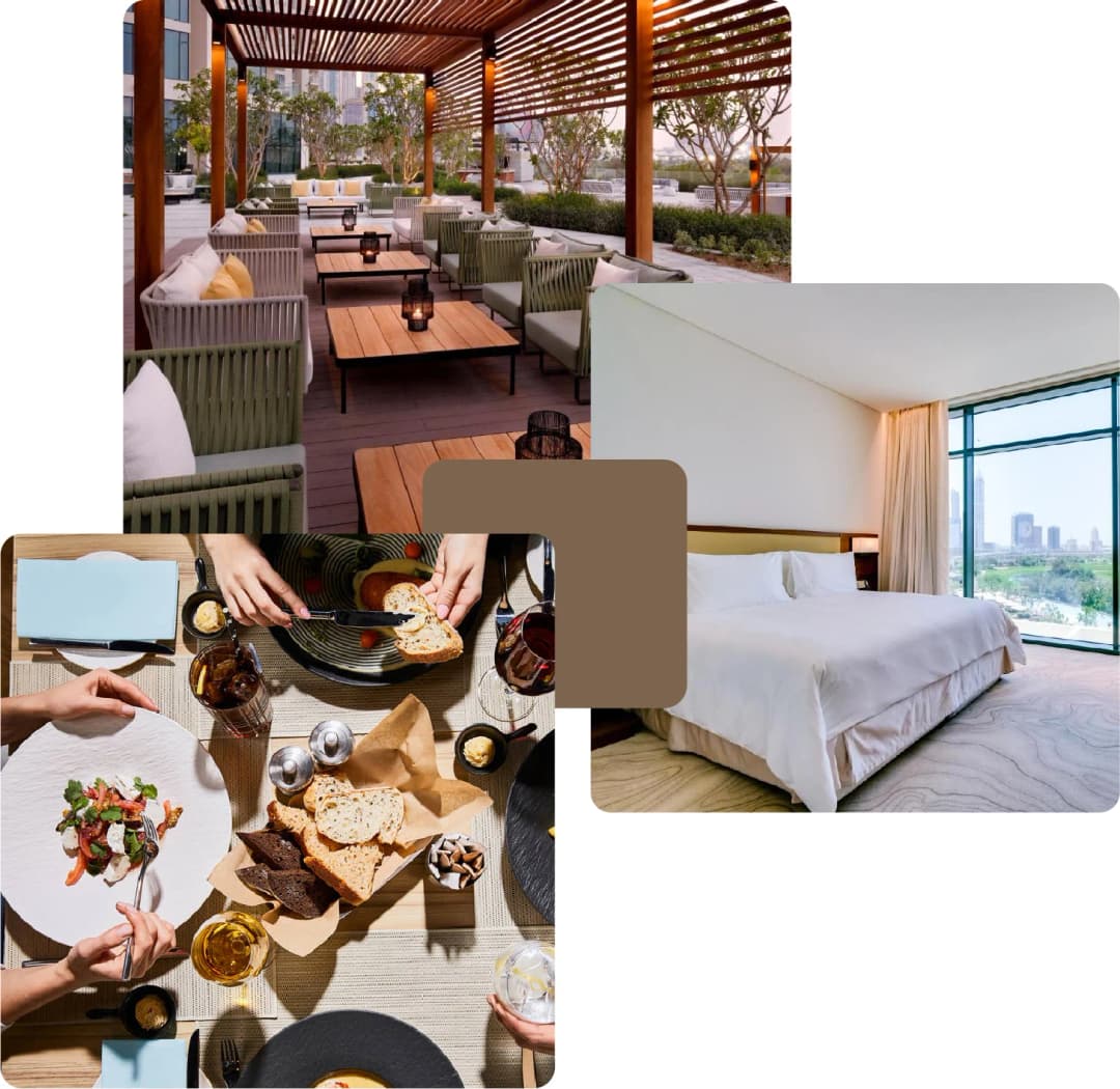Cozy outdoor lounge, fine dining, and hotel suite