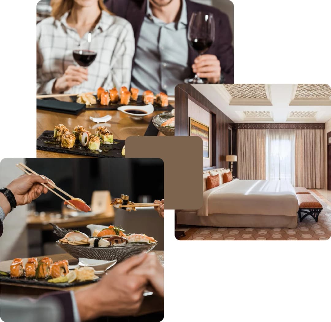 Sushi dining and elegant hotel room interior
