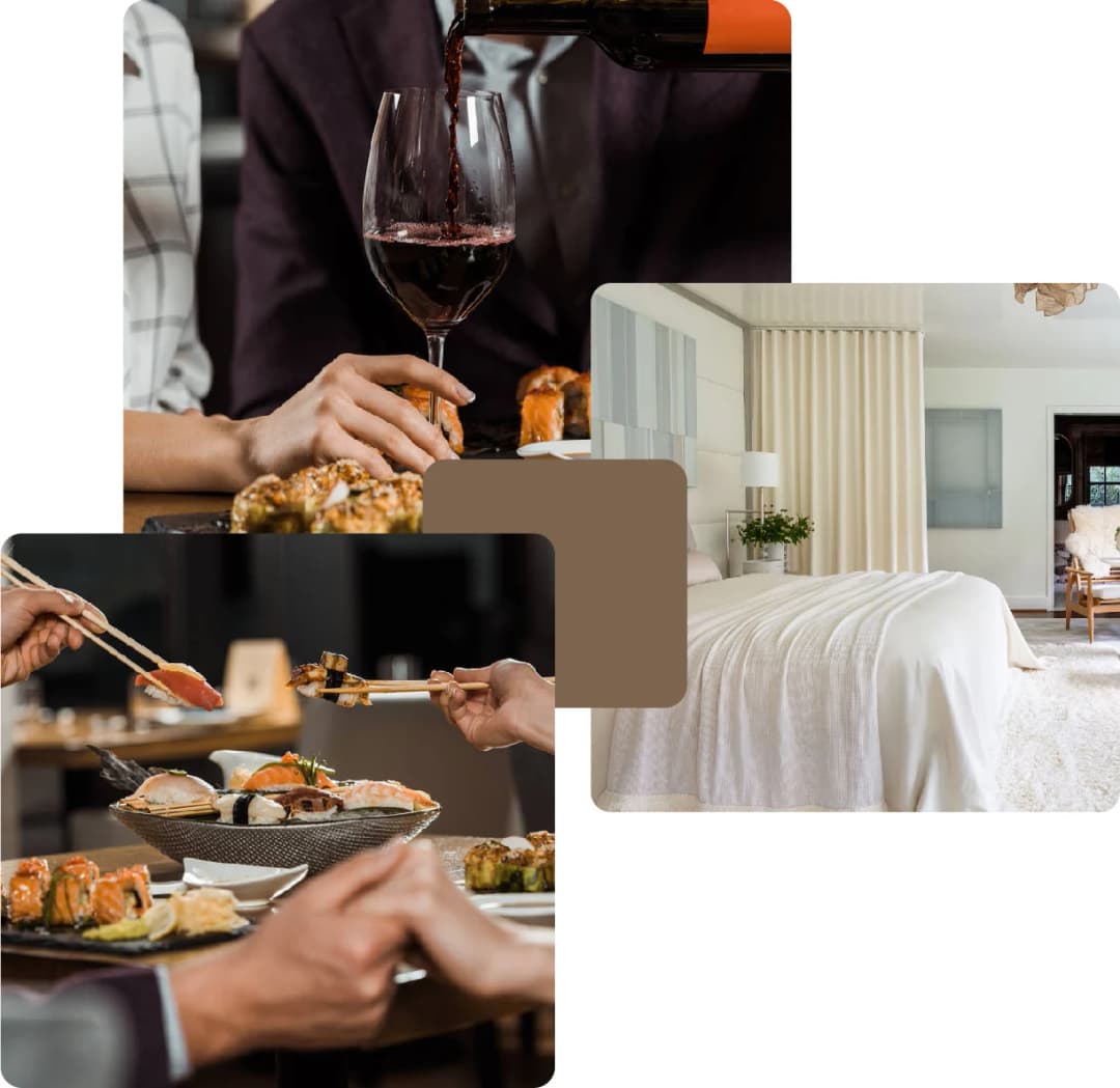Fine dining sushi, wine, and hotel bedroom