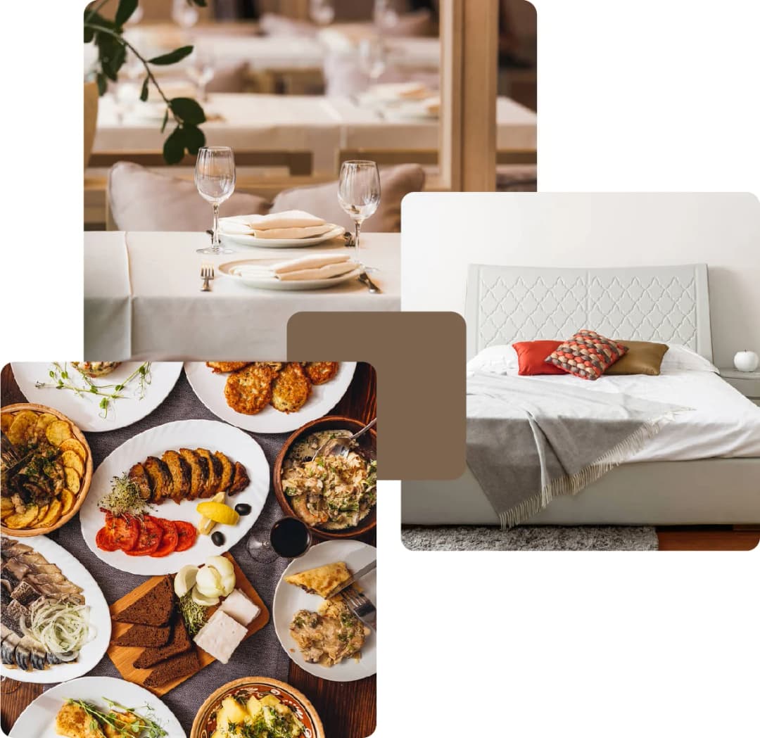 Fine dining, diverse food, and cozy bedroom scene
