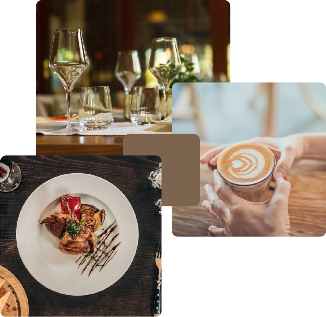 Gourmet dining with wine, food, and a cozy coffee shop