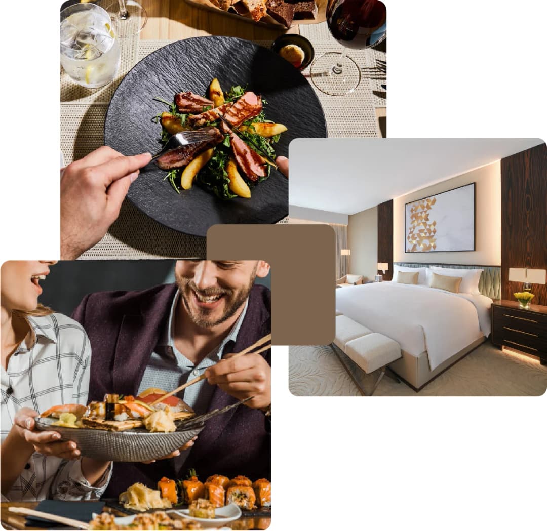 Fine dining, a couple eating, and a luxury hotel room