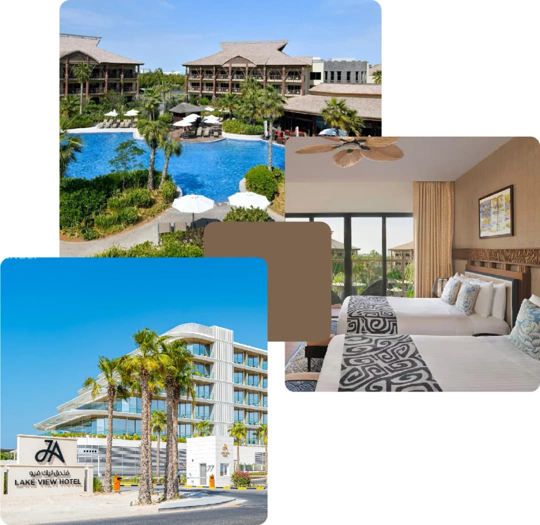 Hotel with a pool, bedroom interior, and hotel exterior view