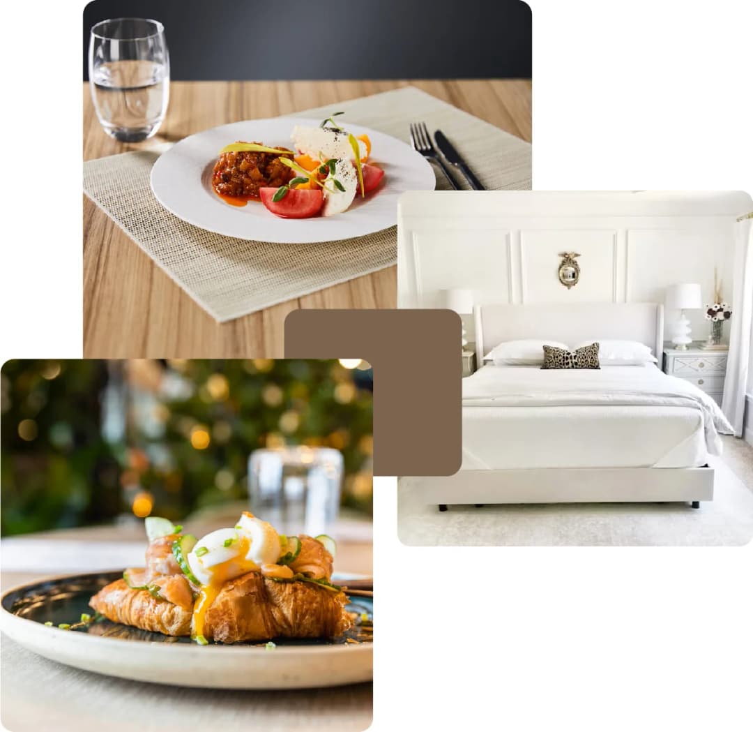 Delicious meal served on a plate and modern bedroom design