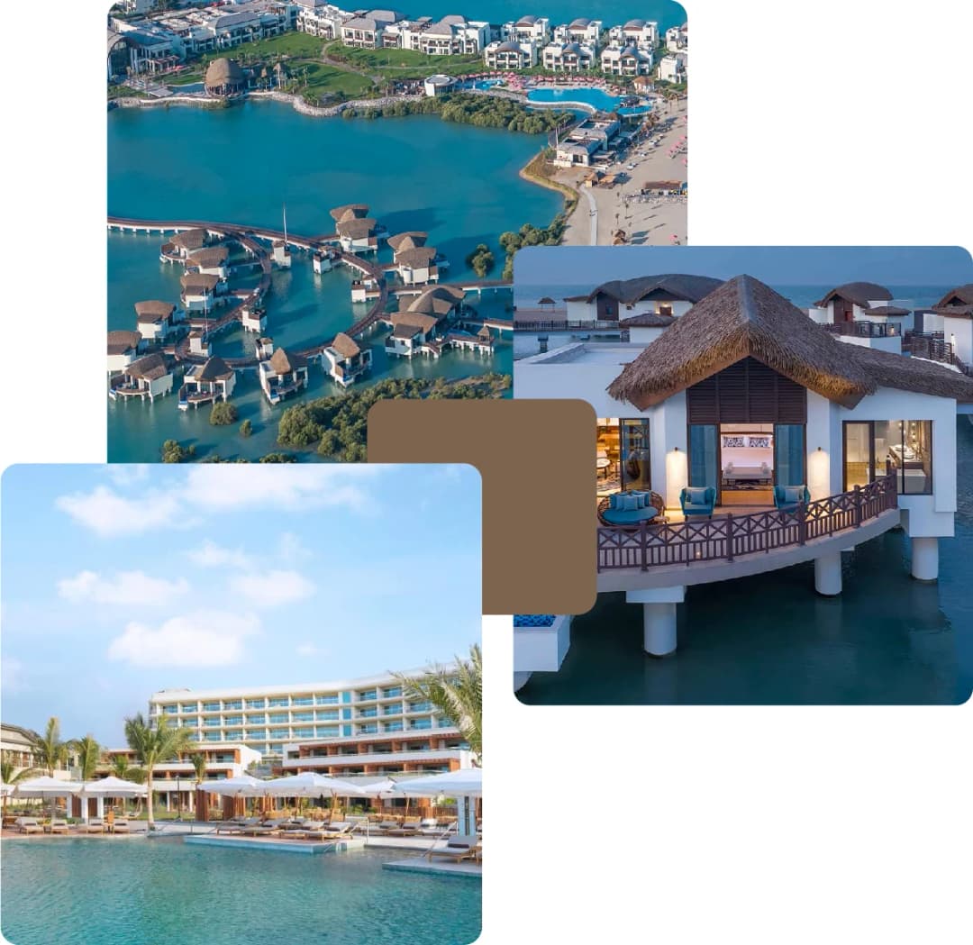 Aerial view of a resort with beachside villas
