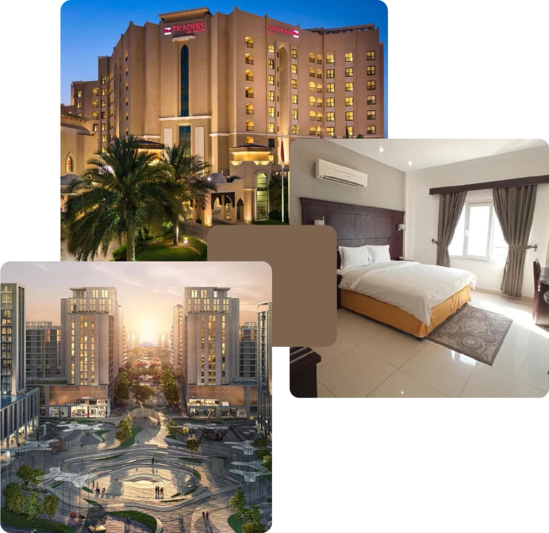 Hotel exterior at night with street view and illuminated building