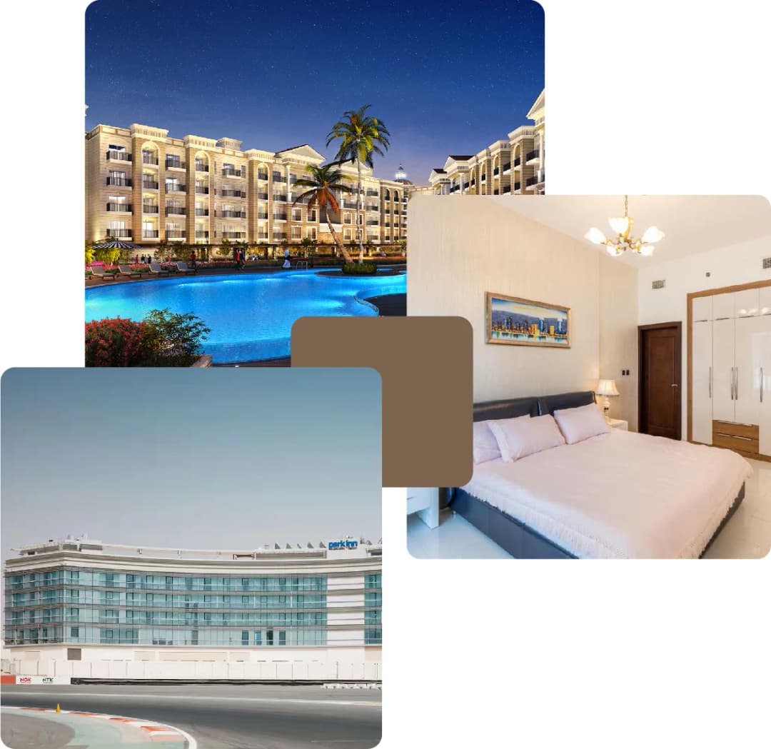 Luxurious resort with swimming pool at night