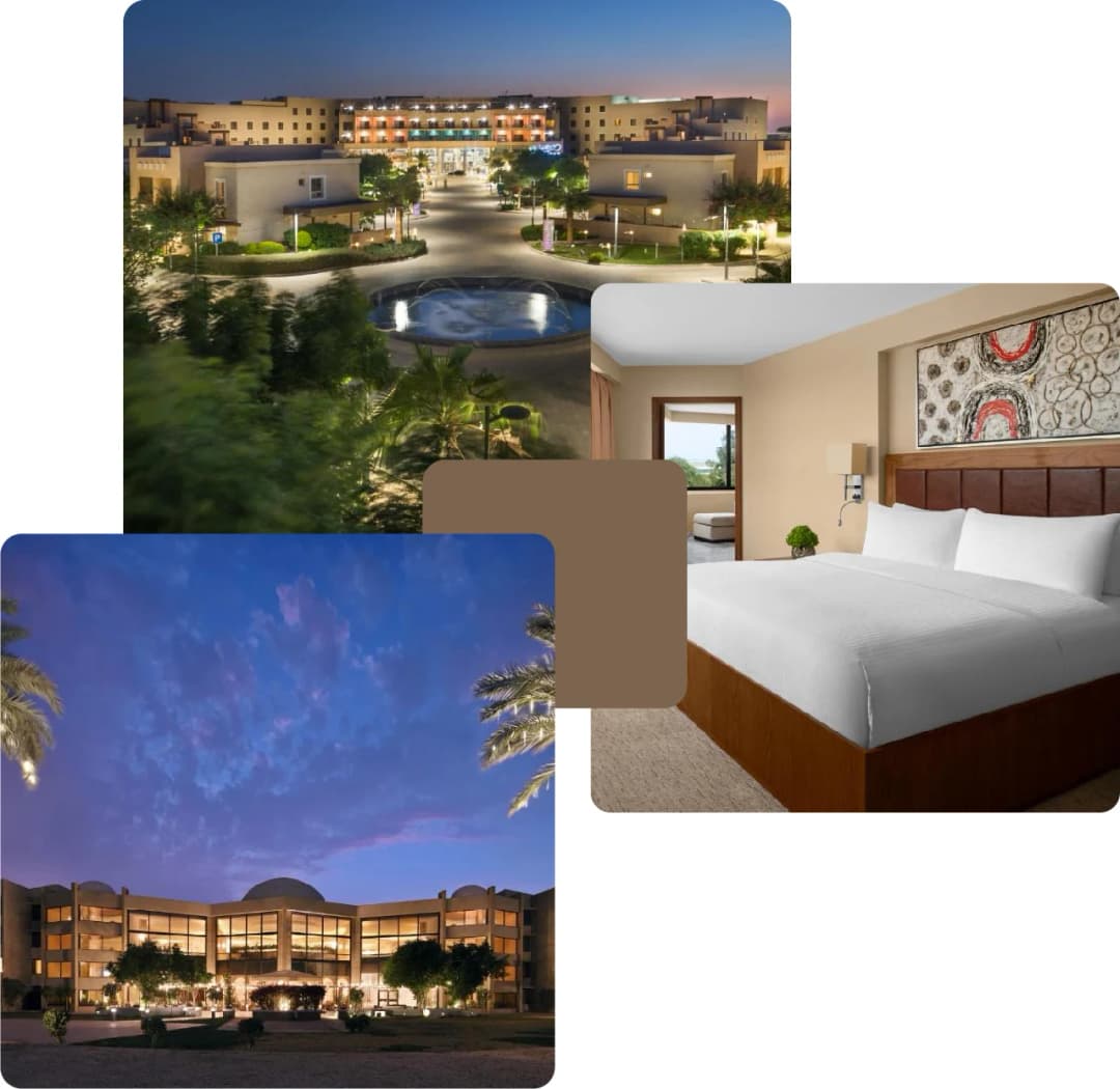 Luxury hotel exterior and cozy bedroom interior
