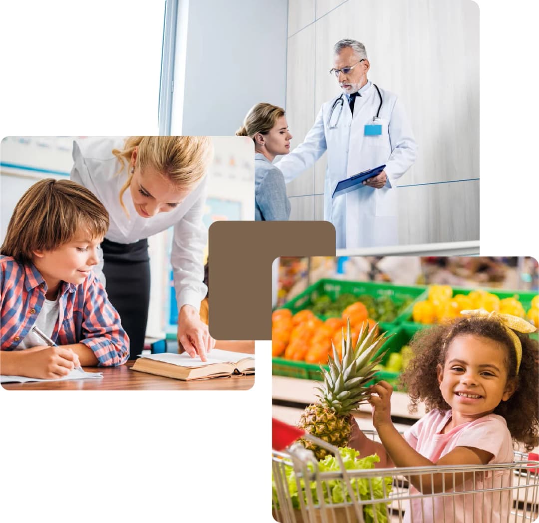 The image shows a child with a teacher, a doctor with a patient, and a girl shopping for fruits