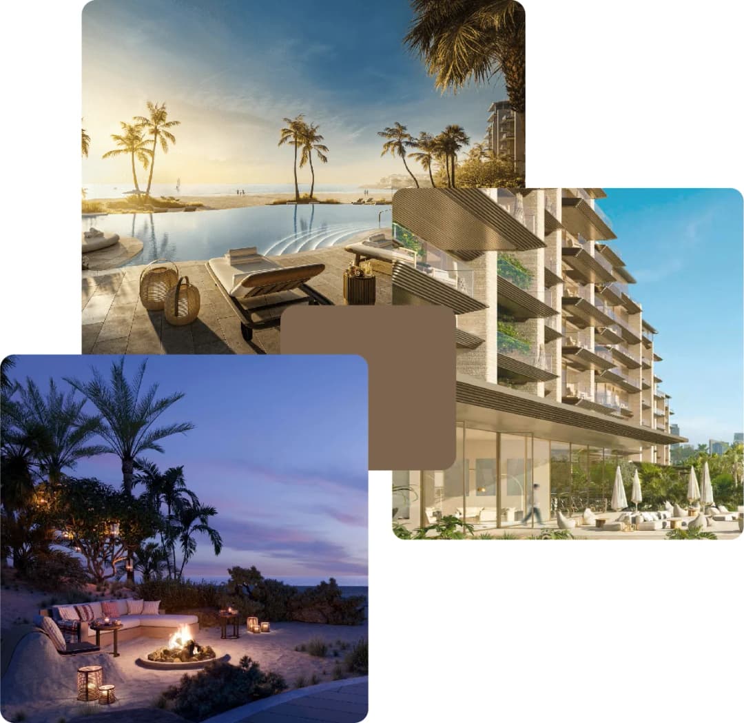 A luxury apartment complex with a scenic driveway and palm trees