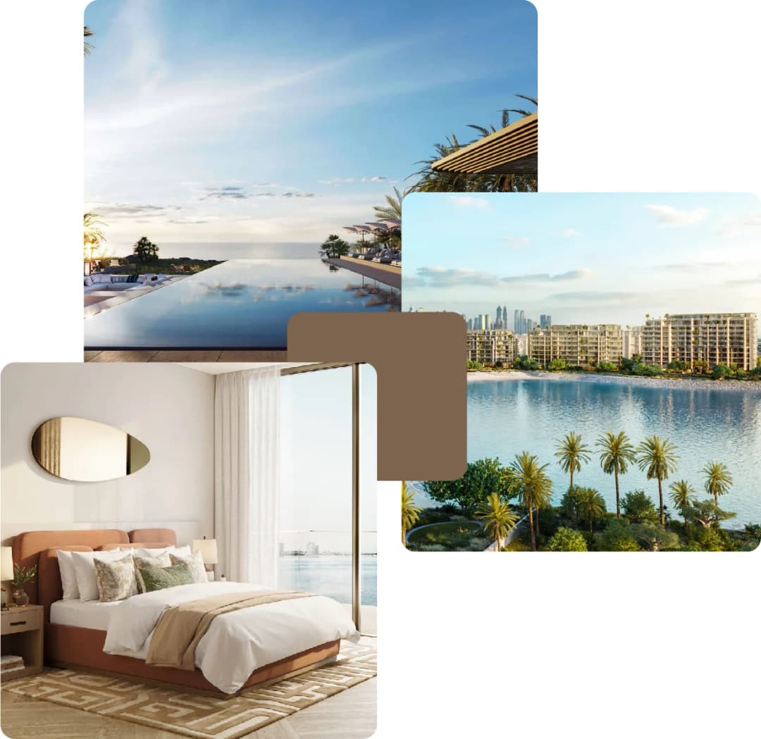 The image shows a luxurious infinity pool, a modern bedroom with a view, and waterfront apartments with palm trees