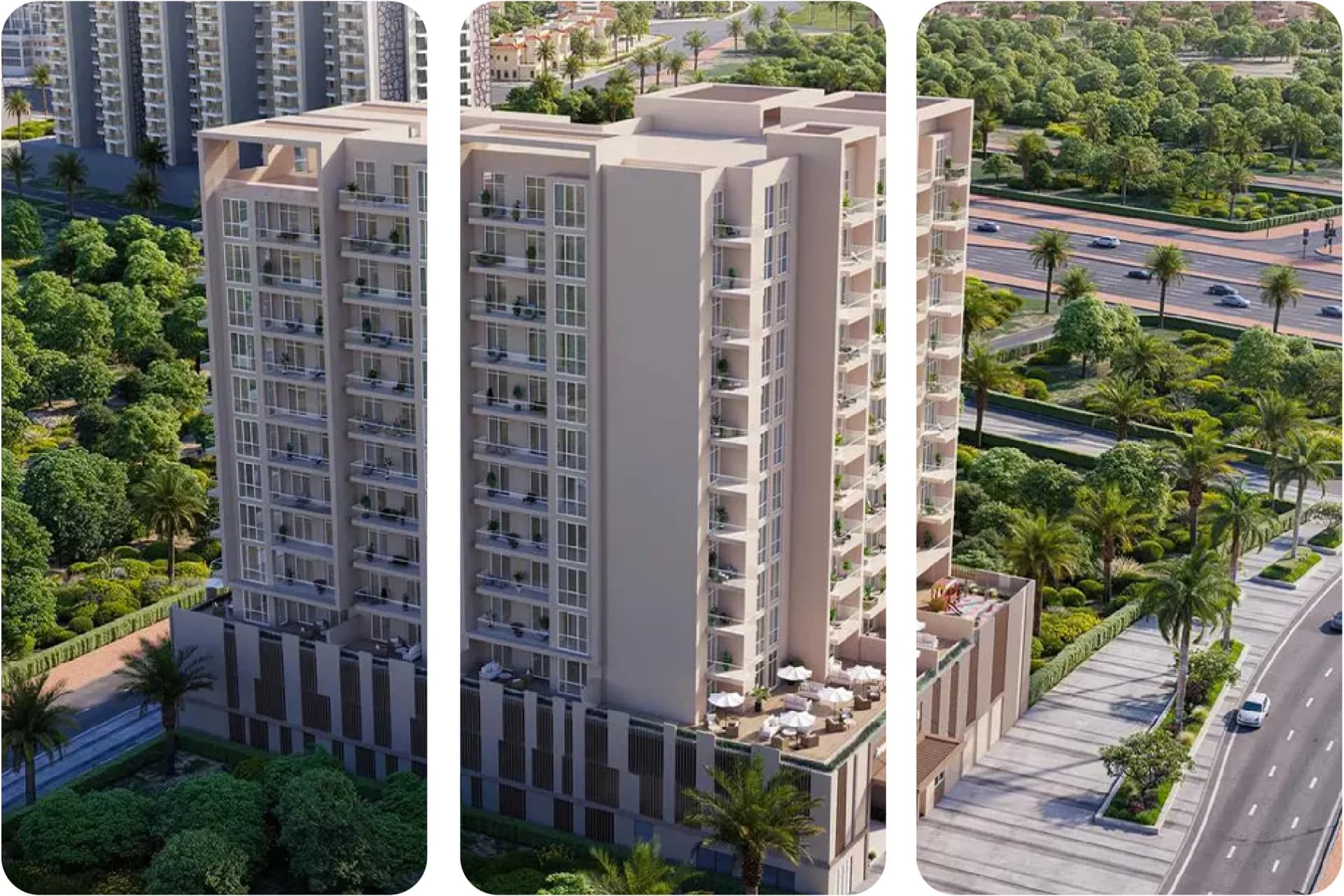 منظر خارجي لمبنى سكني حديث مع عدة شرفات