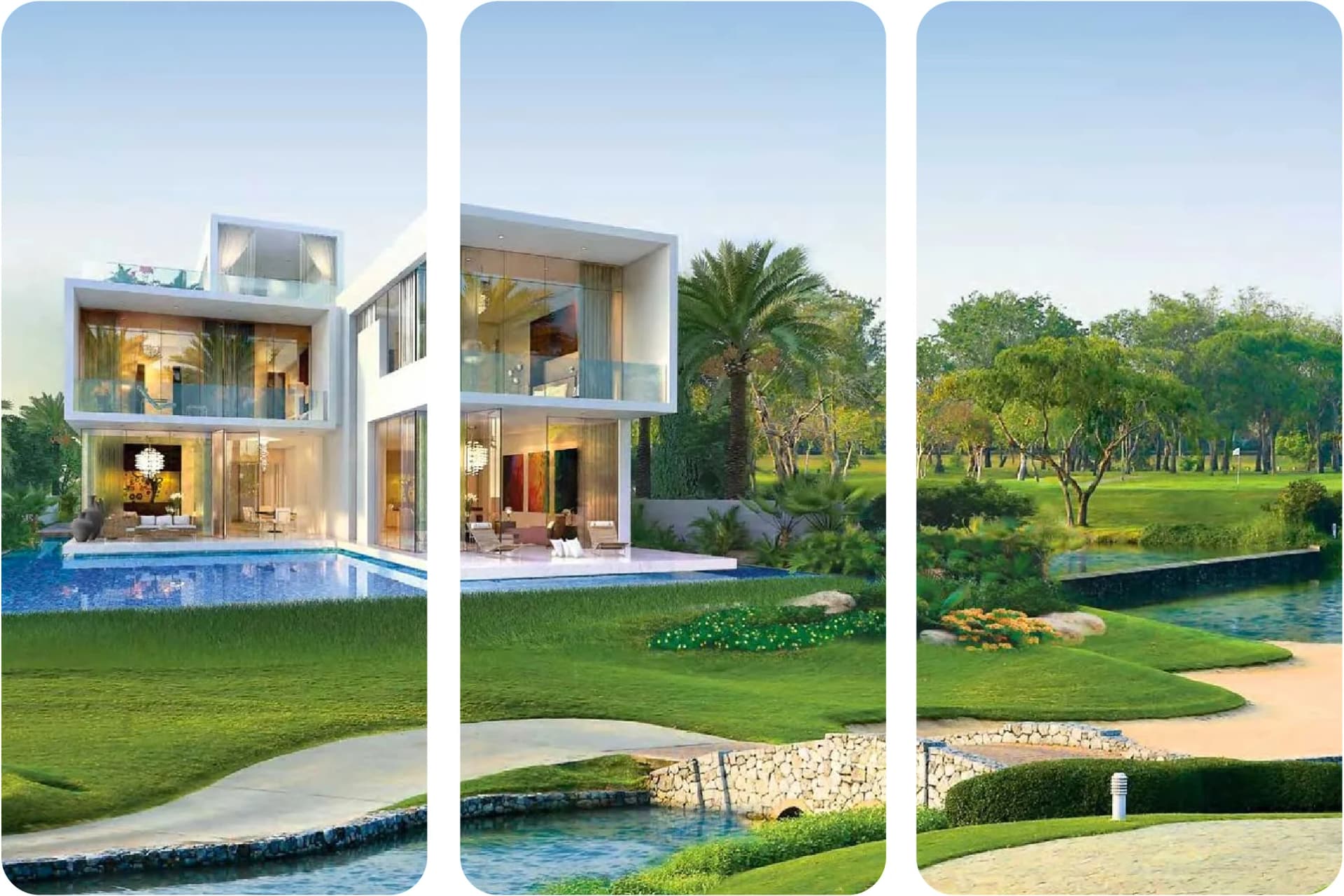 Modern luxury villa with garden, pool, and balconies