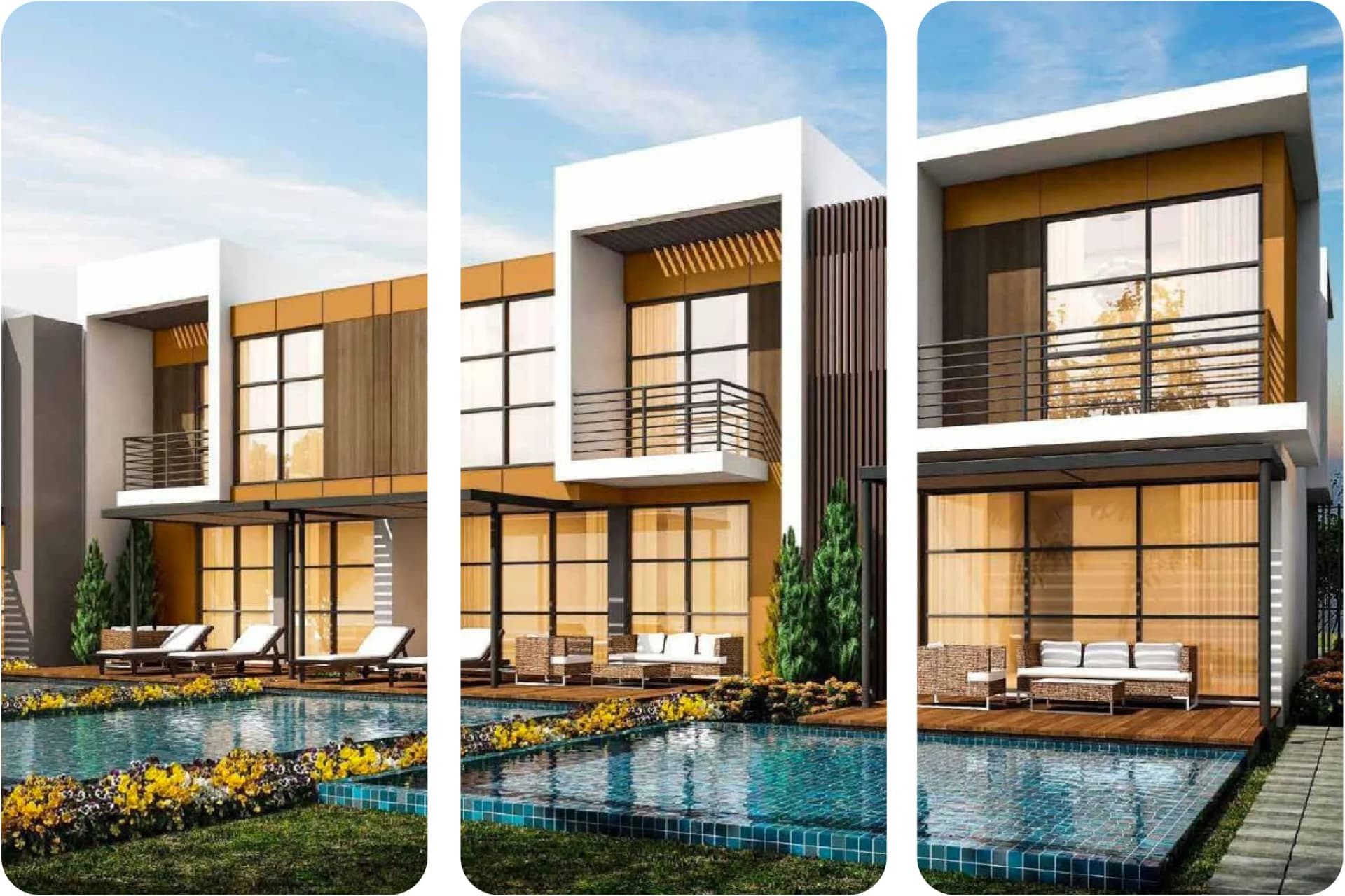 Modern luxury villa with garden, pool, and glass balcony