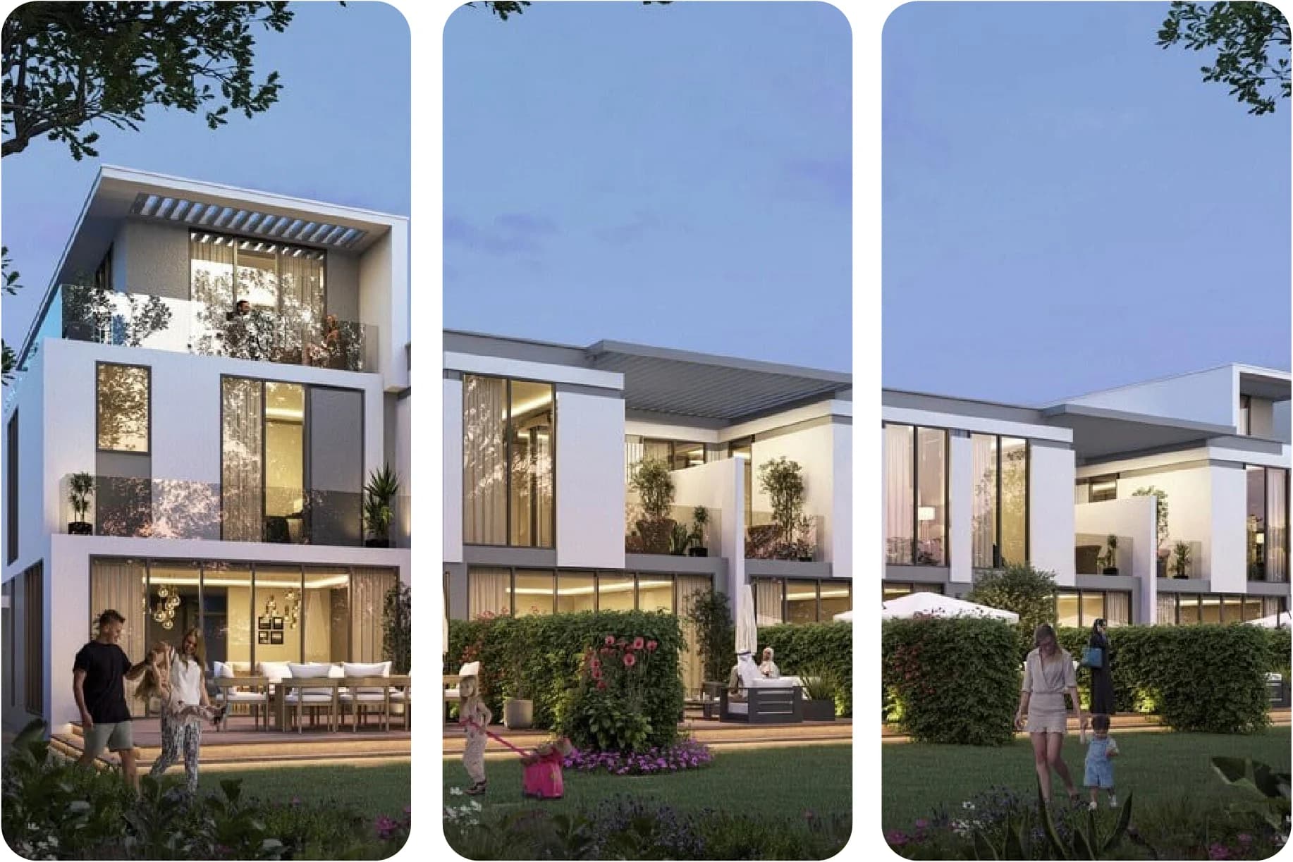 Modern luxury villa with cars parked and palm trees