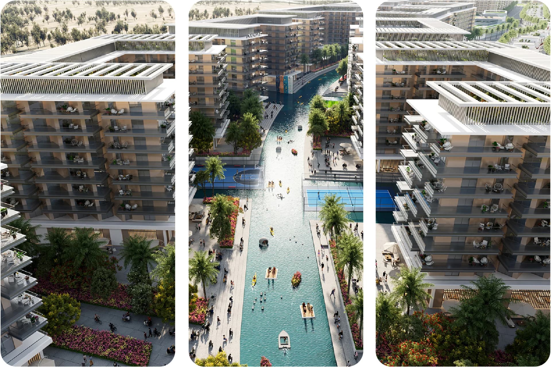 Modern commercial building with a rooftop pool and vibrant walkway