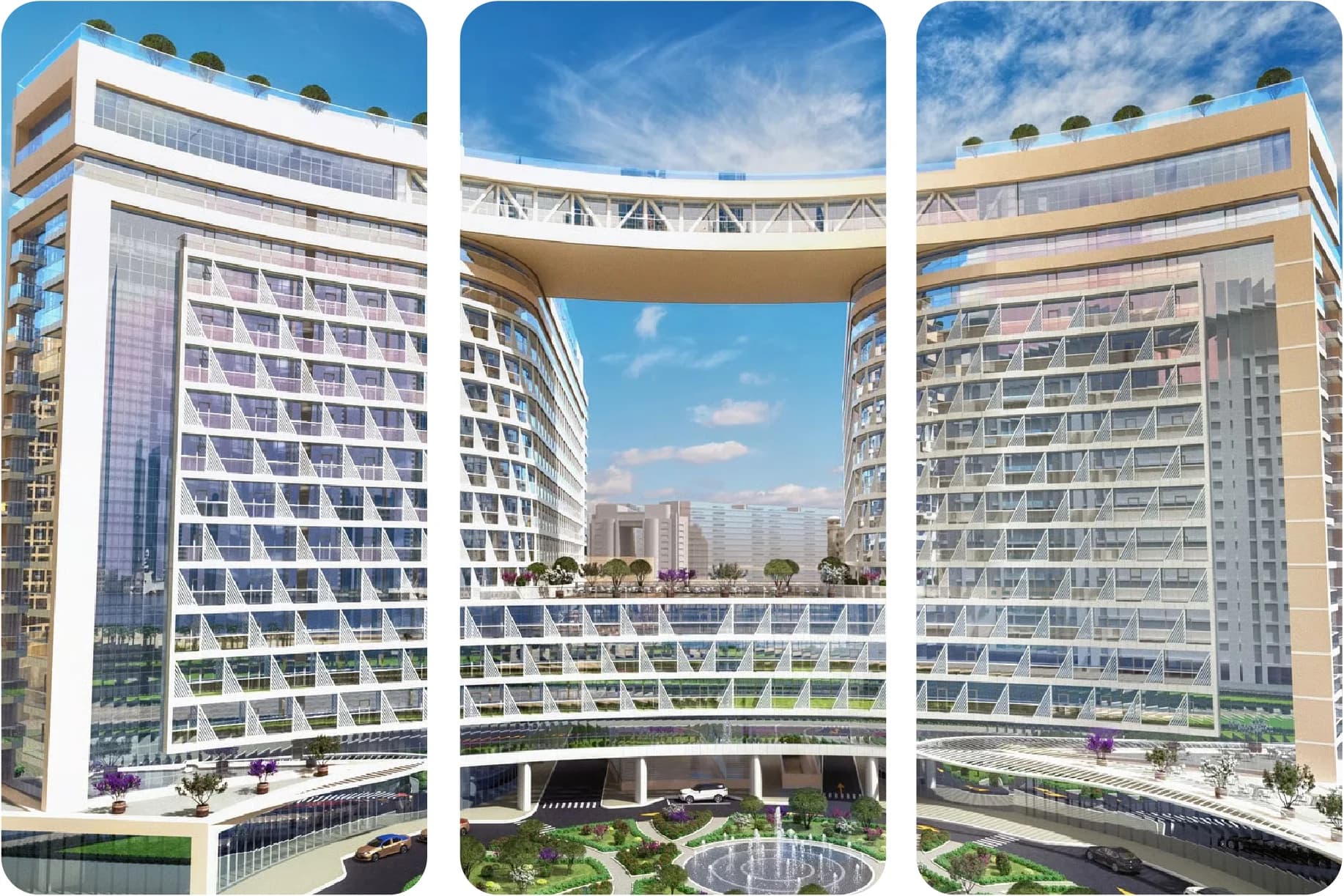 مبنى فاخر حديث مع شرفات ومحيط أخضر وفير