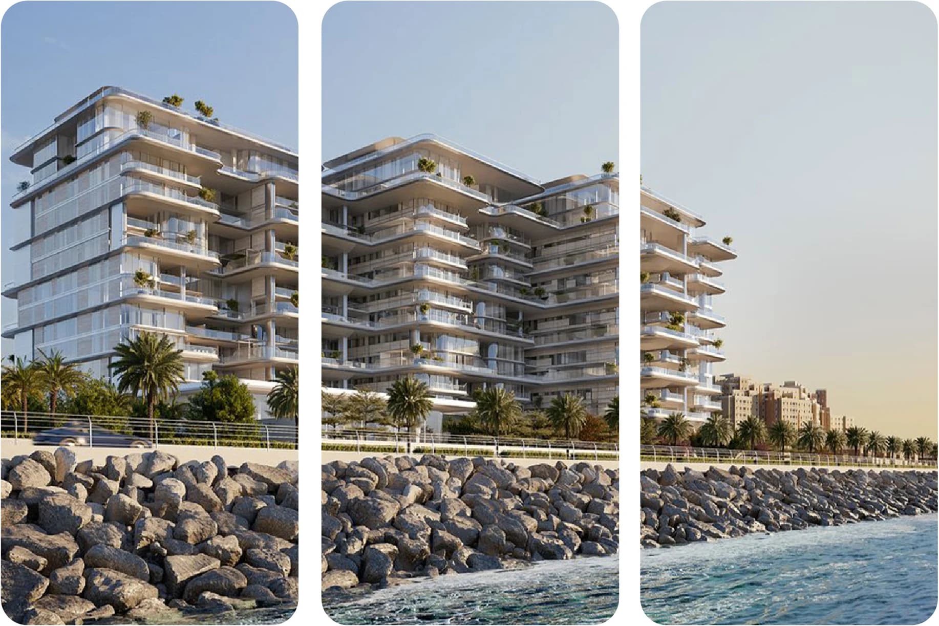 A beachfront luxury apartment building with multiple floors and greenery