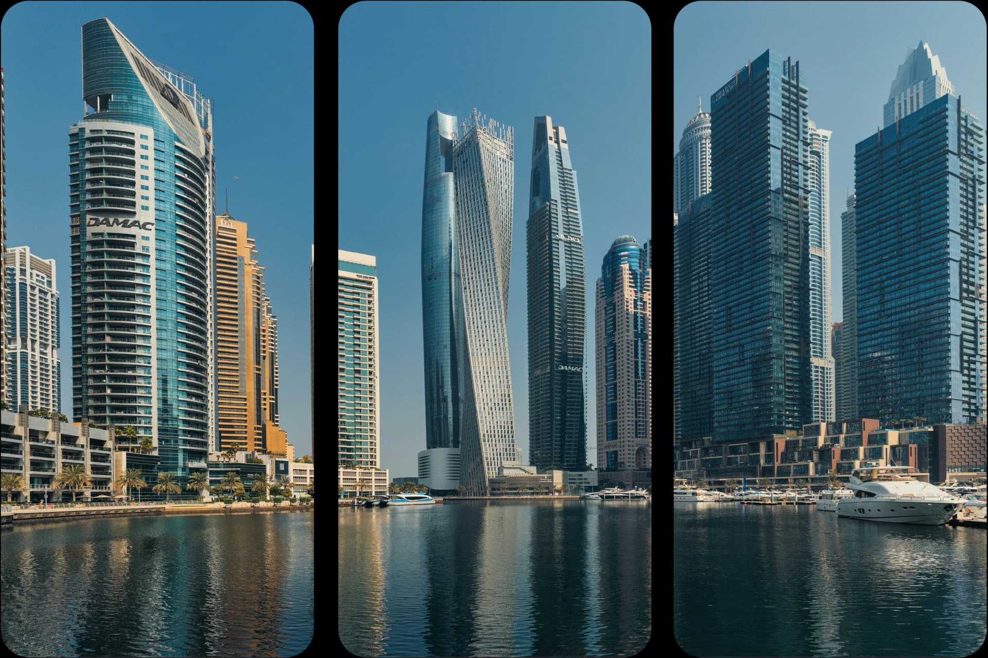 Dubai Marina skyline with Cayan Tower and Ciel Tower