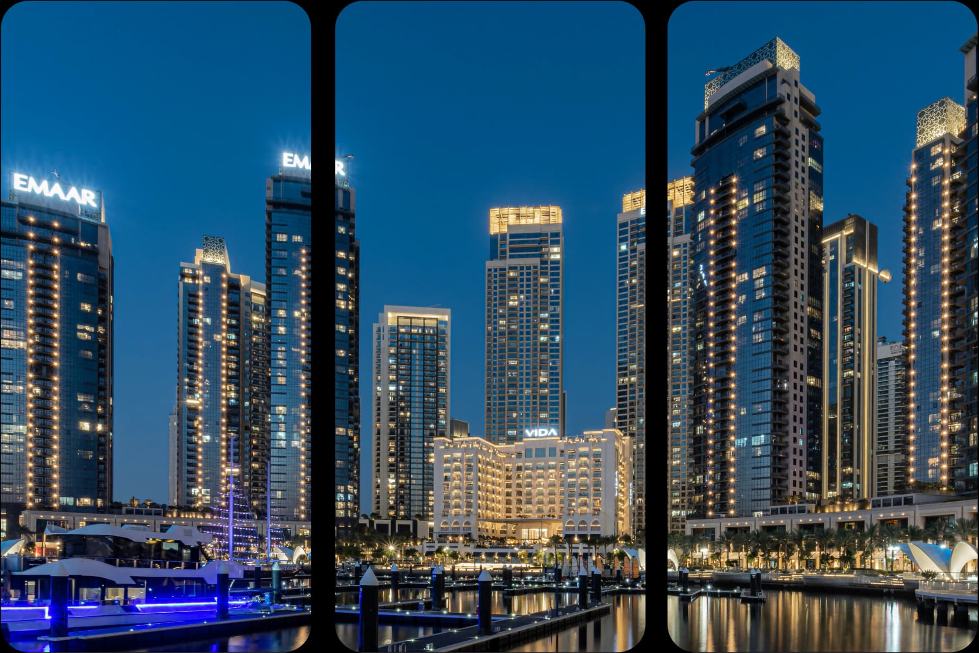 Emaar waterfront buildings and marina at night