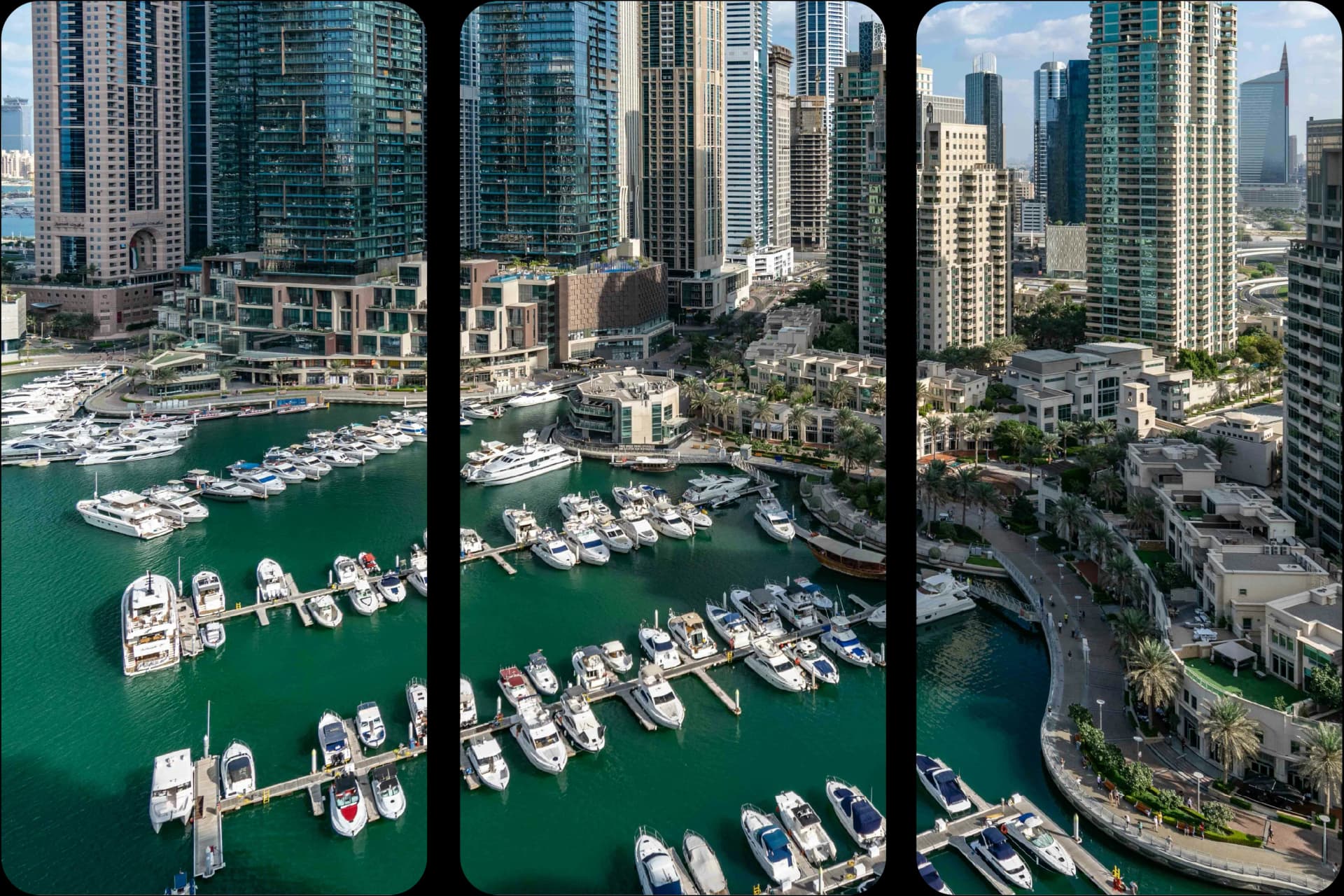 منظر جوي لمارينا دبي مليئة بالعديد من القوارب الراسية