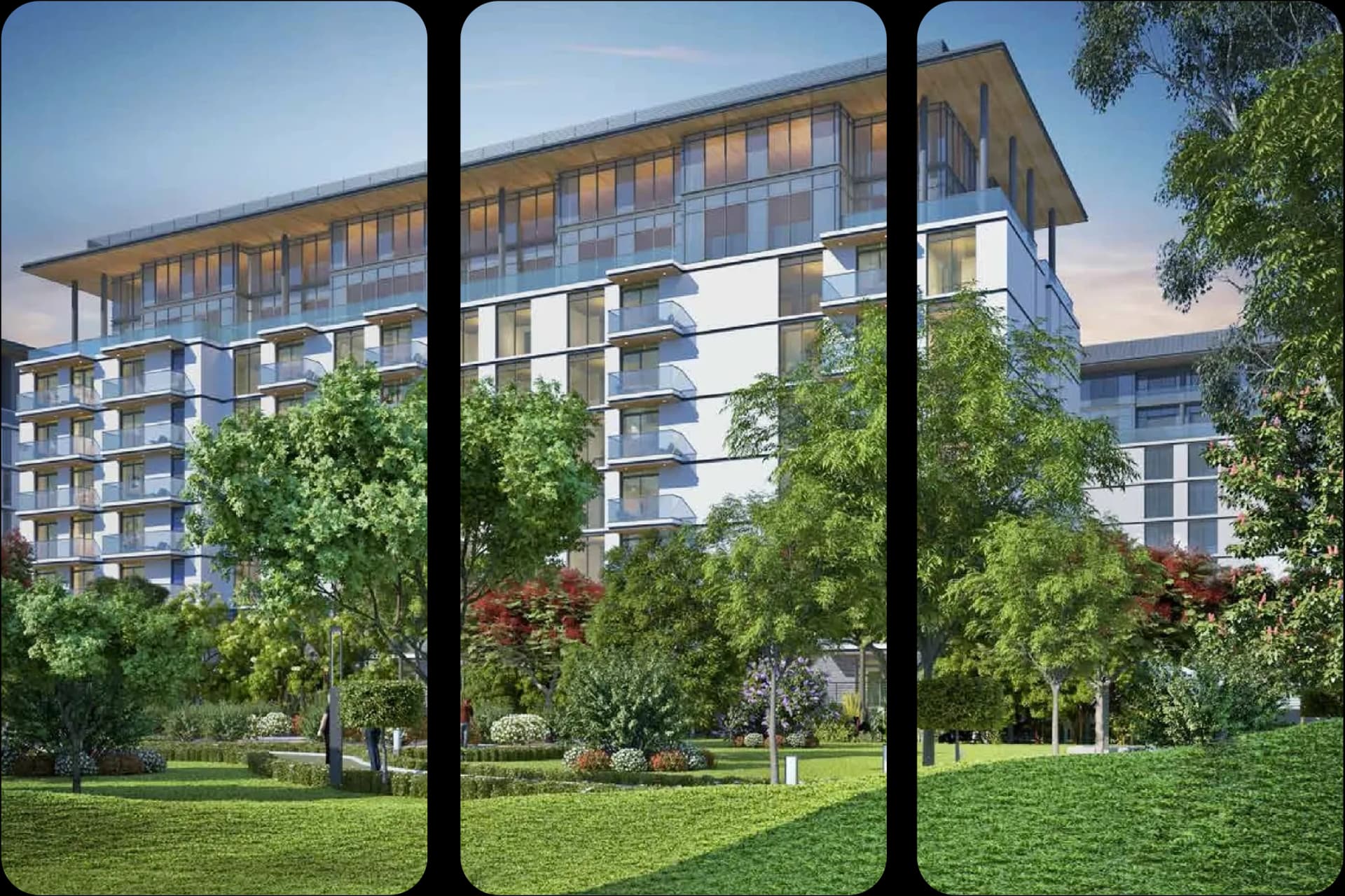 مبنى شقق حديث محاط بالخضرة الوفيرة