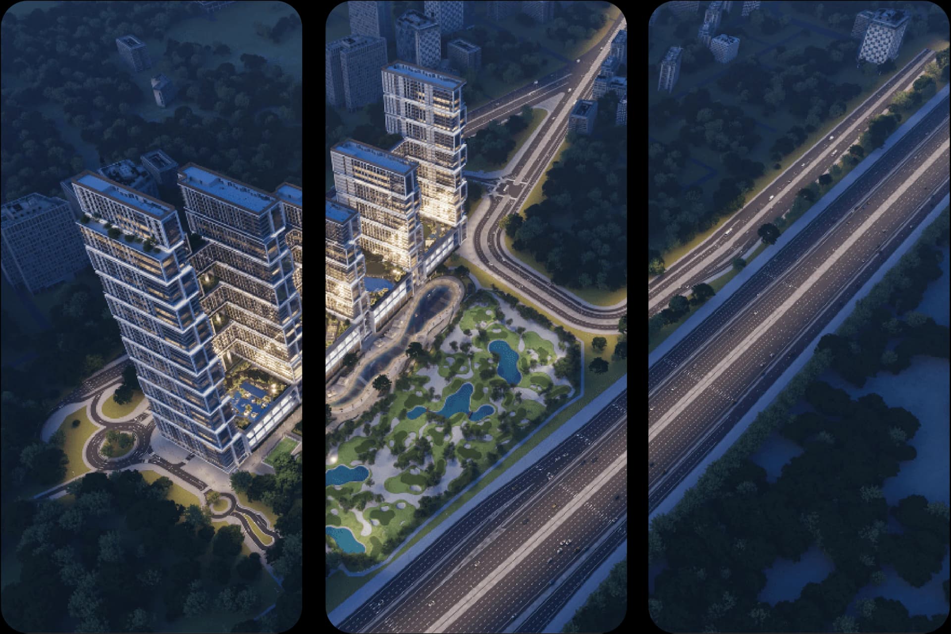 منظر ليلي للمباني الحديثة المضيئة والطرق