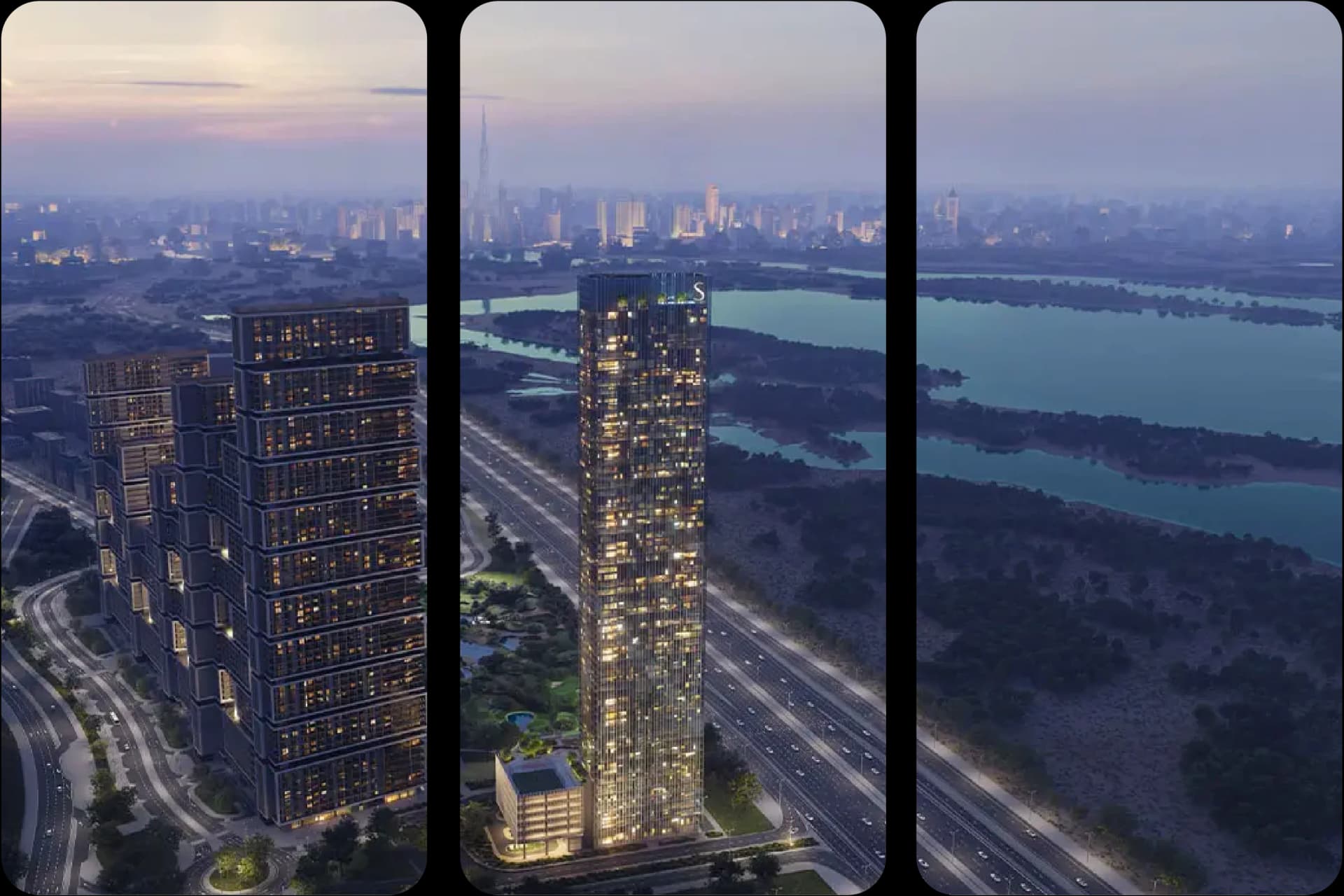 أفق المدينة الليلي مع أبراج حديثة مضاءة