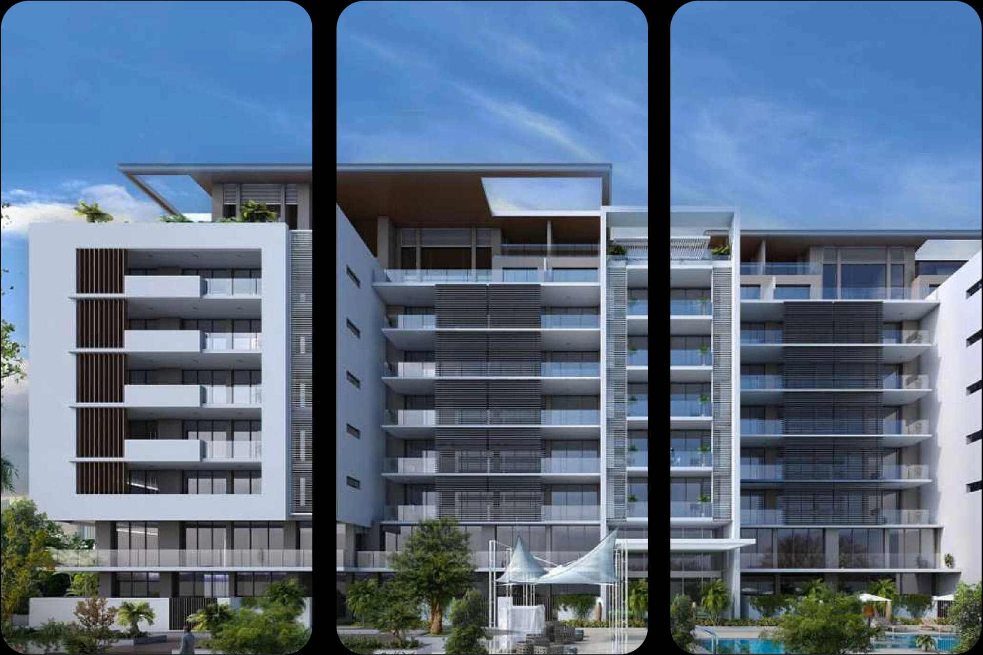 مبانٍ سكنية بيضاء حديثة تحت سماء زرقاء