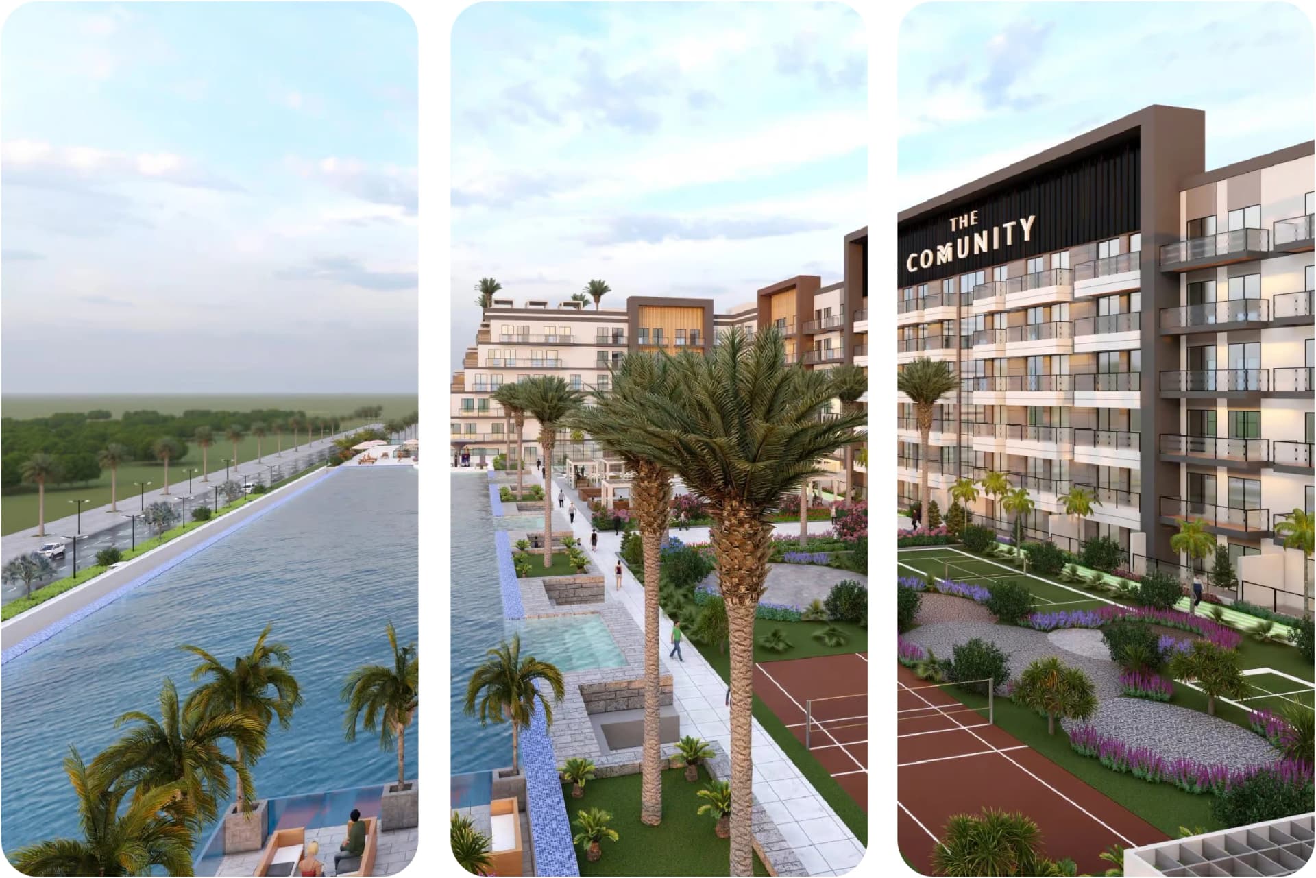 Luxurious community with a pool, greenery, and sports facilities