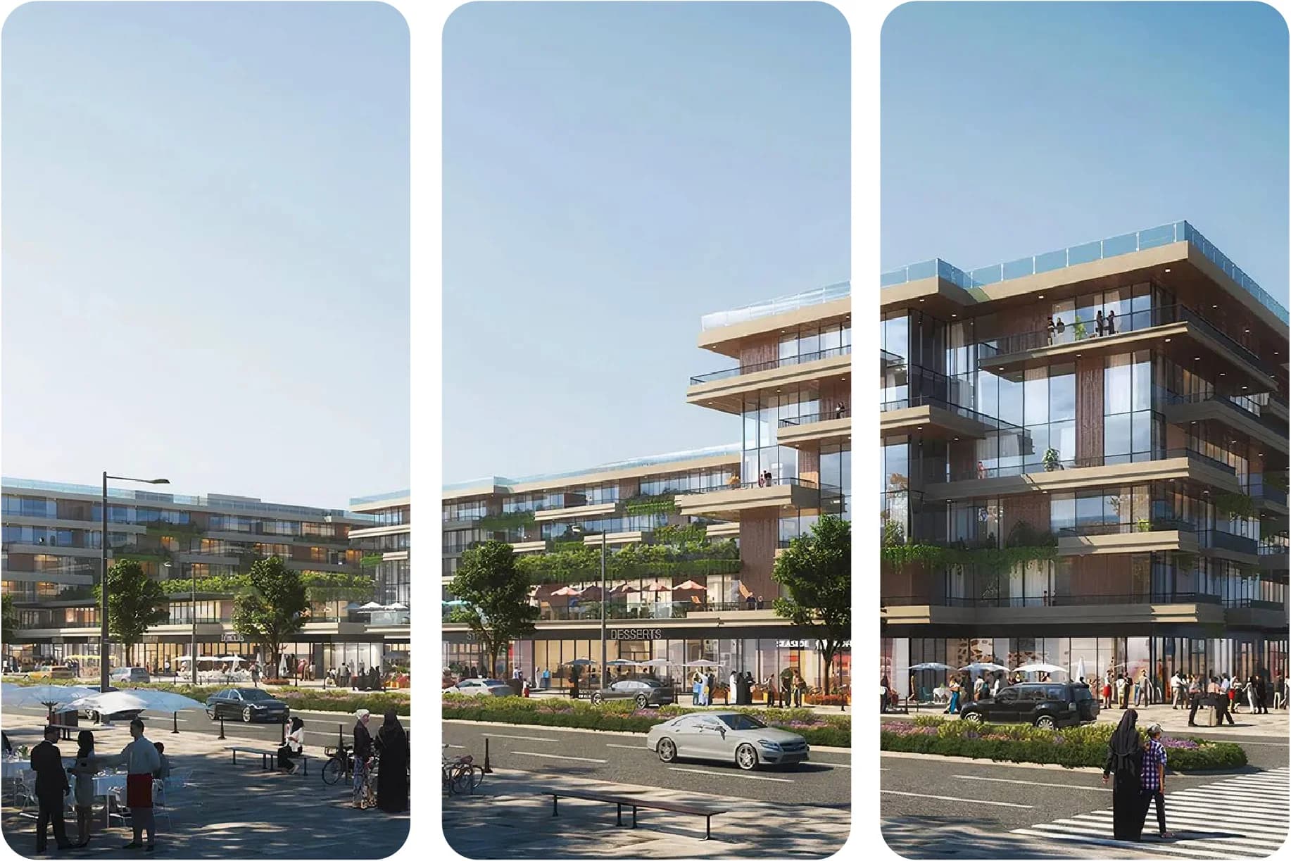 شارع مزدحم بمباني حديثة منخفضة الارتفاع