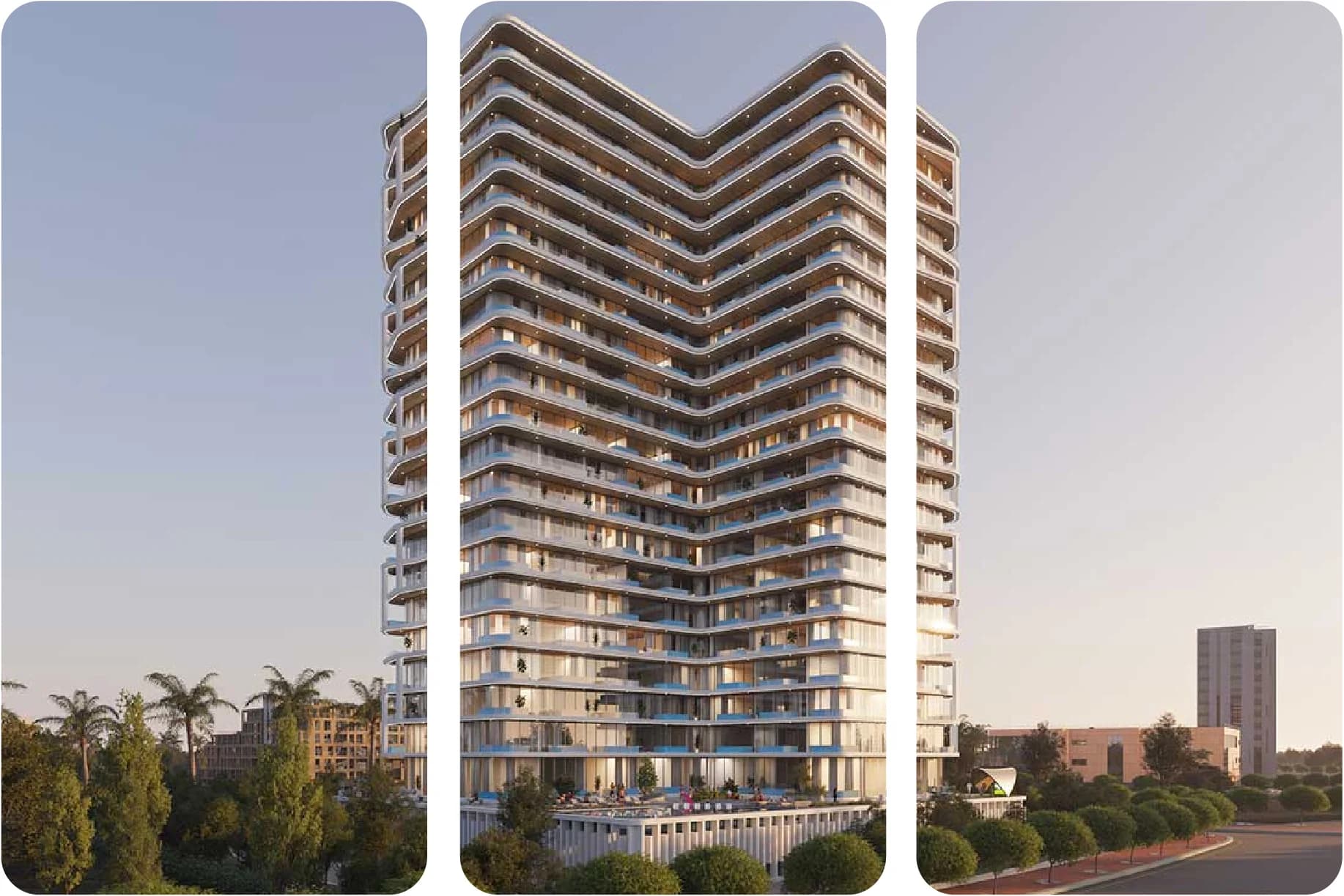 مبنى شاهق حديث ذو تصميم متموج مع شرفات وأحواض سباحة