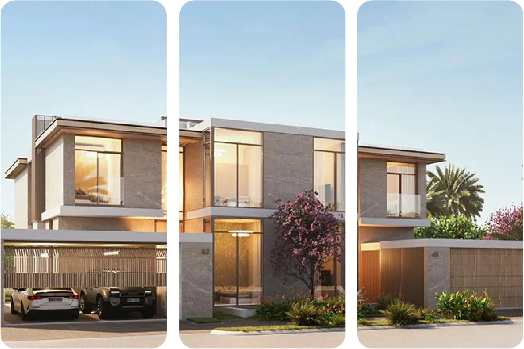 Modern Villa Exterior: Two-story home with large windows and stone accents