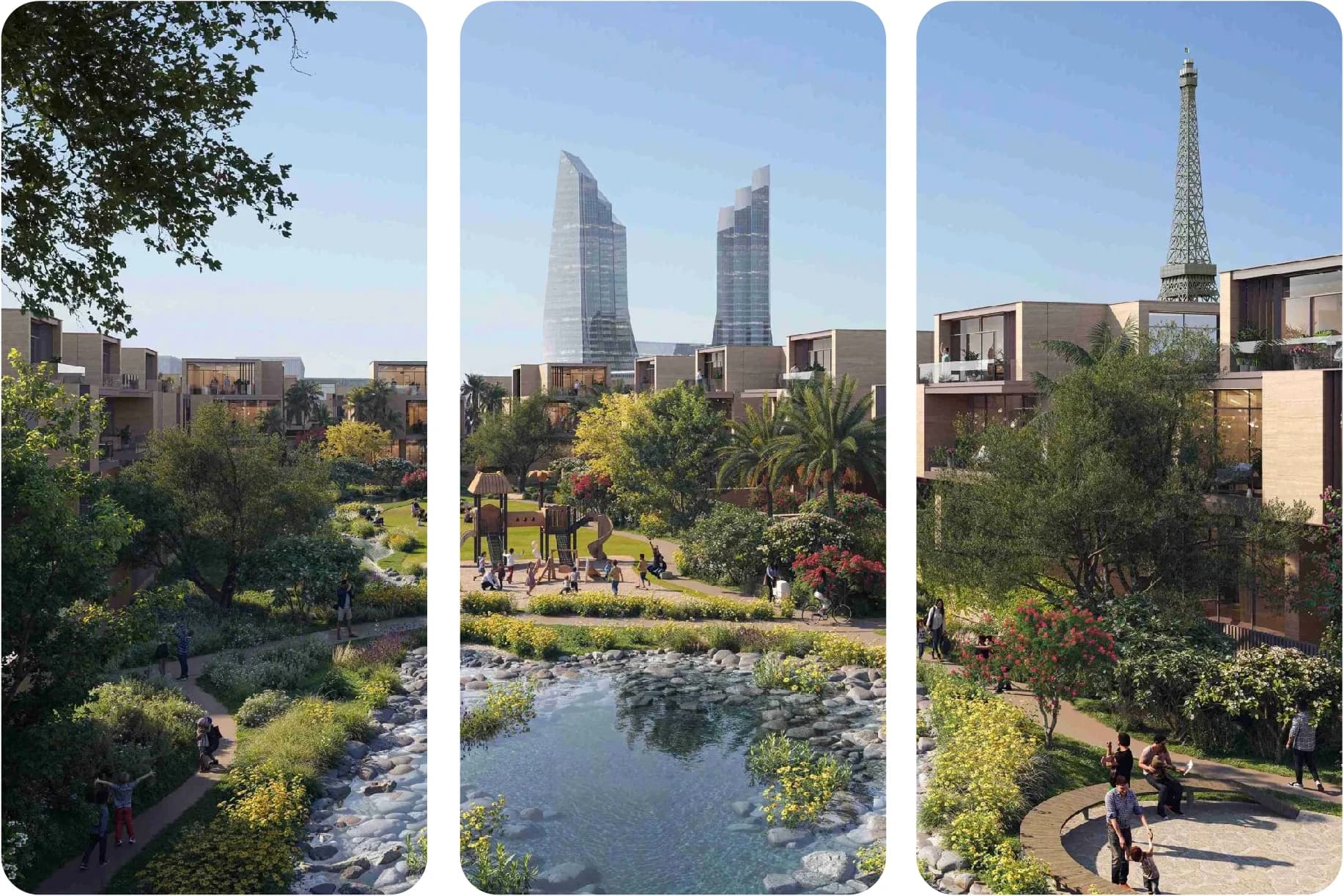 A vibrant park scene with modern buildings