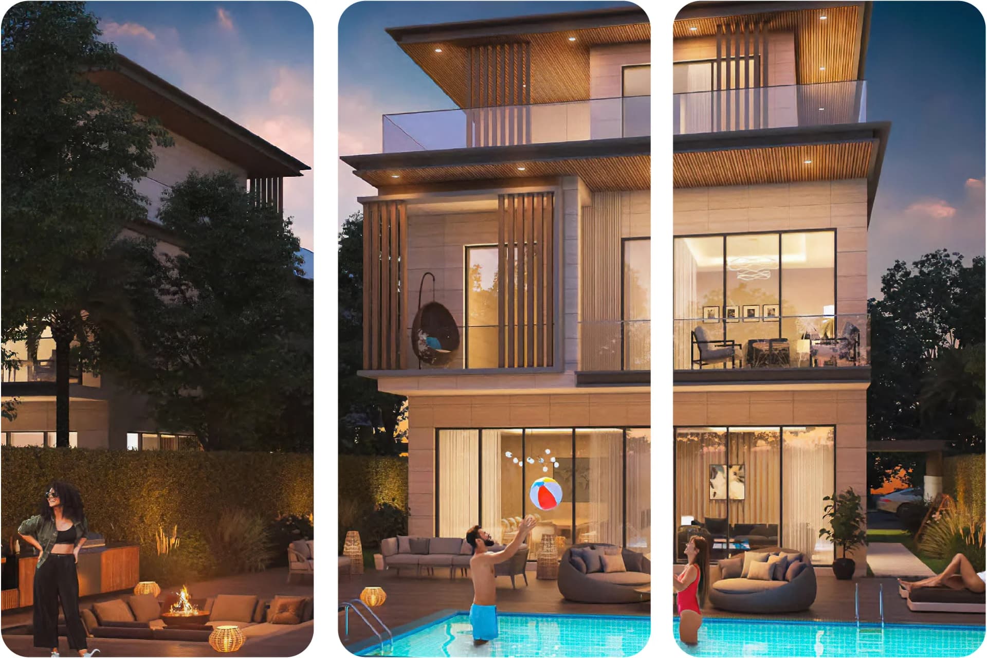 Modern villa exterior with contemporary design and luxury cars