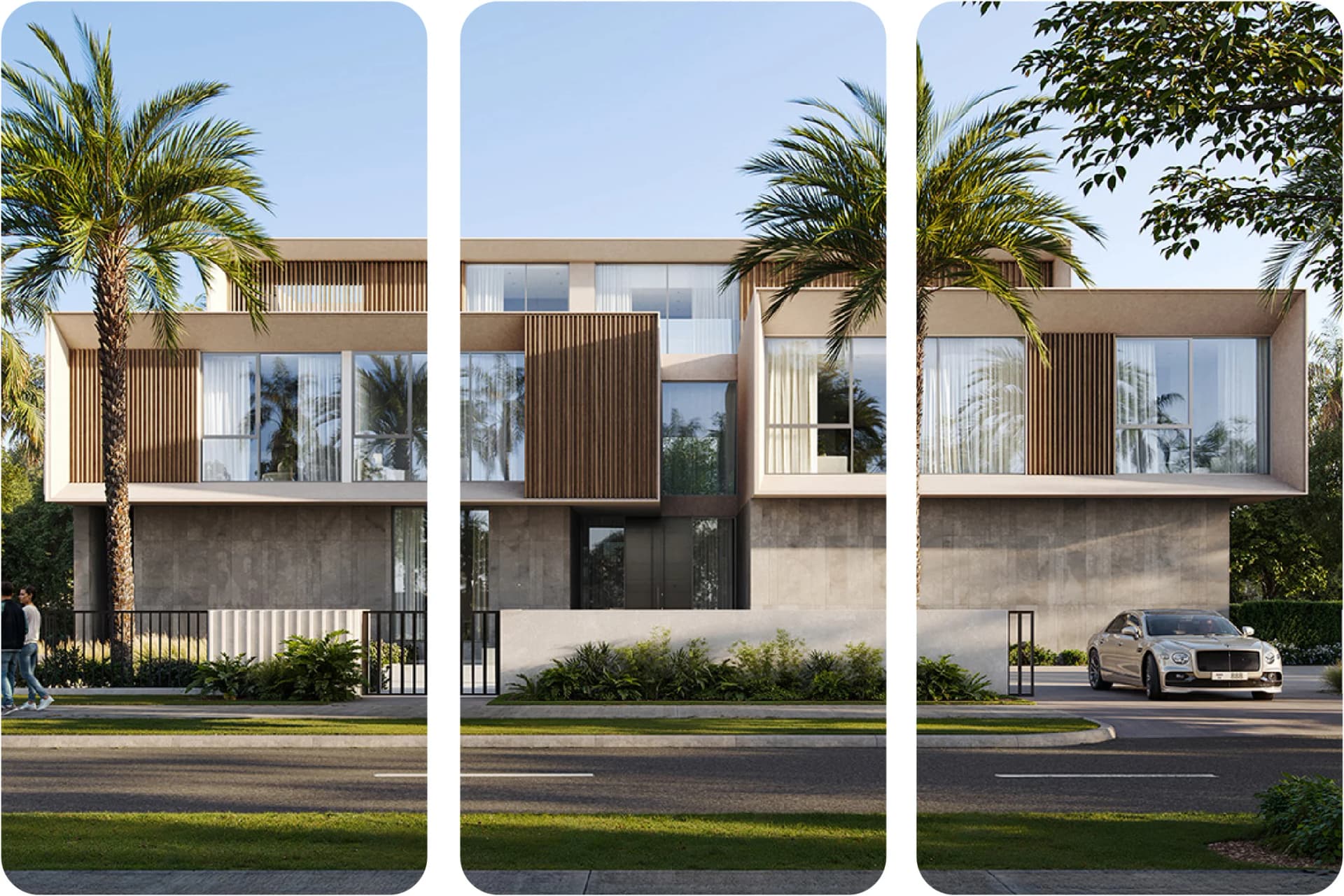 Elegant home with glass windows, garage, and driveway