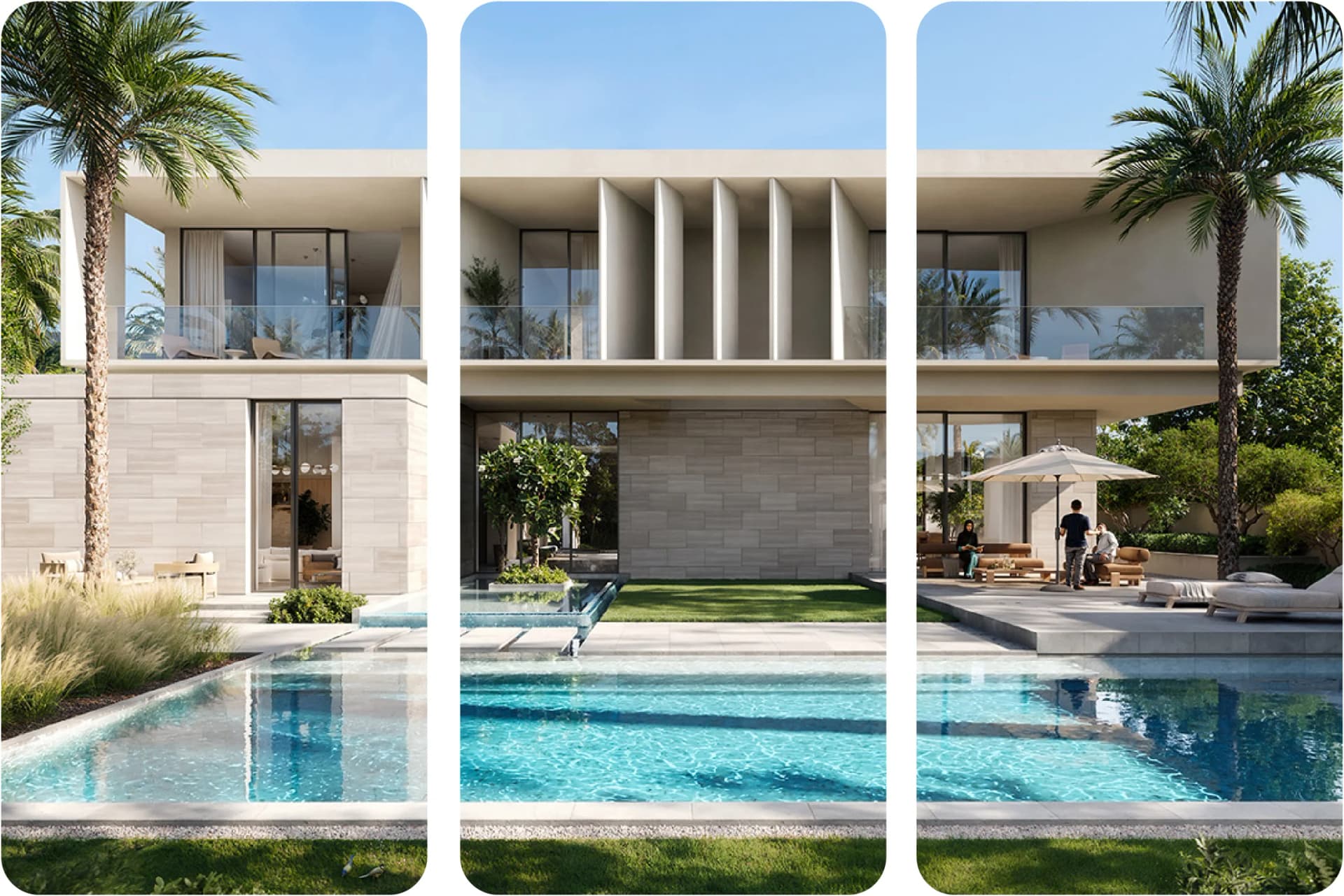 Contemporary villa at dusk with landscaped surroundings