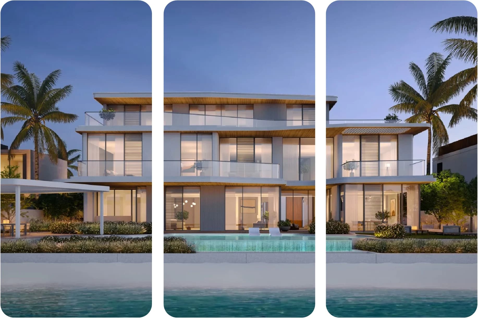 Modern luxury villa with pool, glass windows, and palms