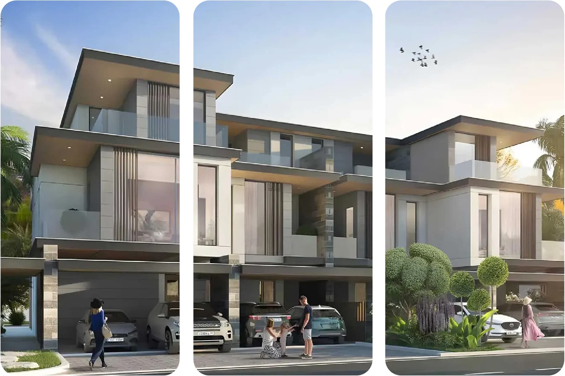 Modern townhouses with parking and families outside