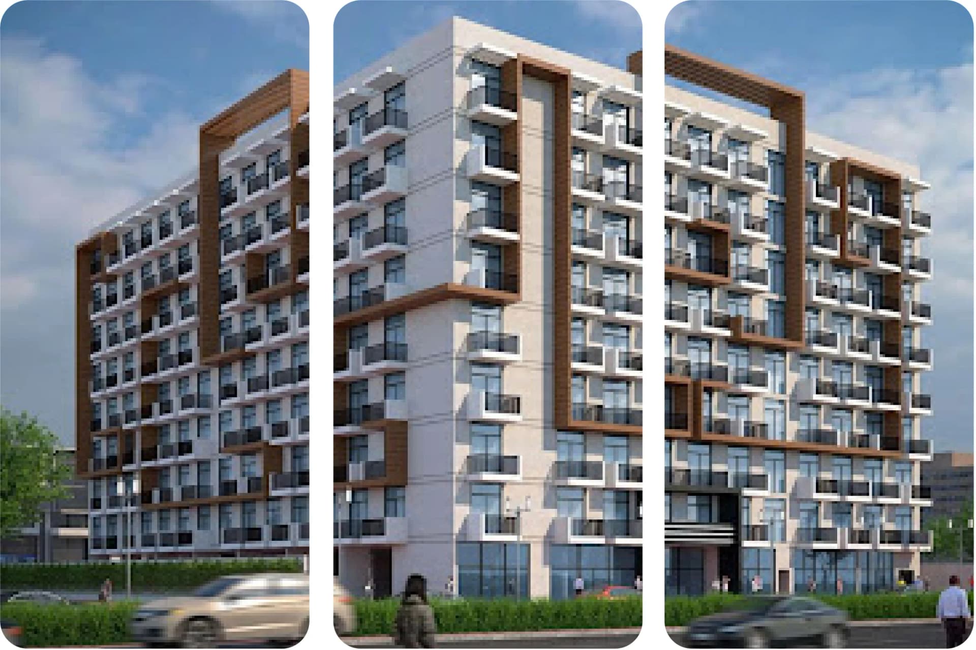 Modern residential building with sleek architecture and palm trees