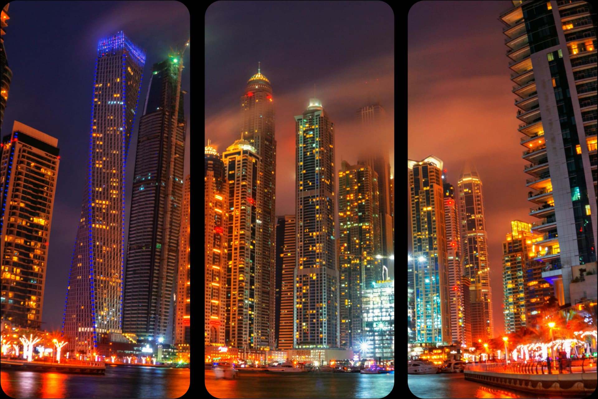 Night view of Dubai Marina skyscrapers and waterfront
