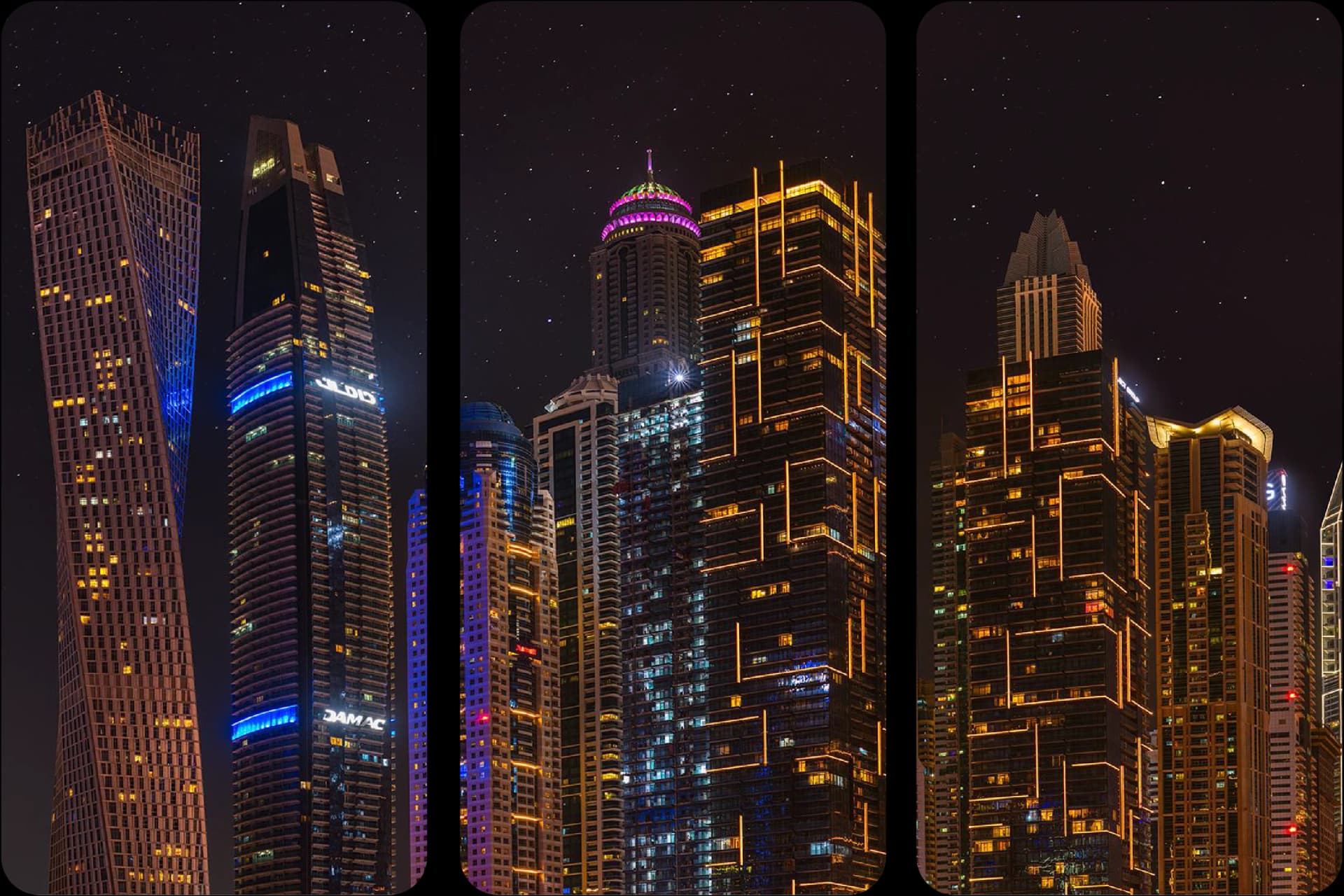 Dubai Marina skyscrapers illuminated at night under stars