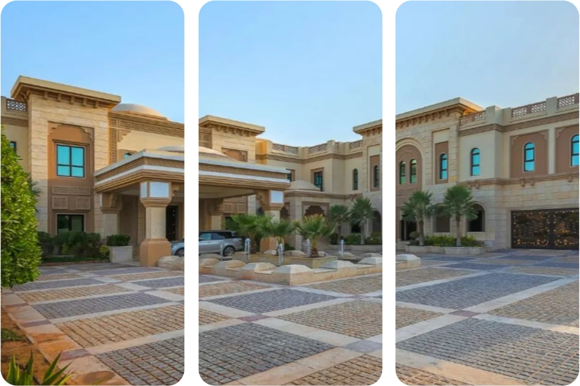 Luxurious mansion with elaborate driveway and garden