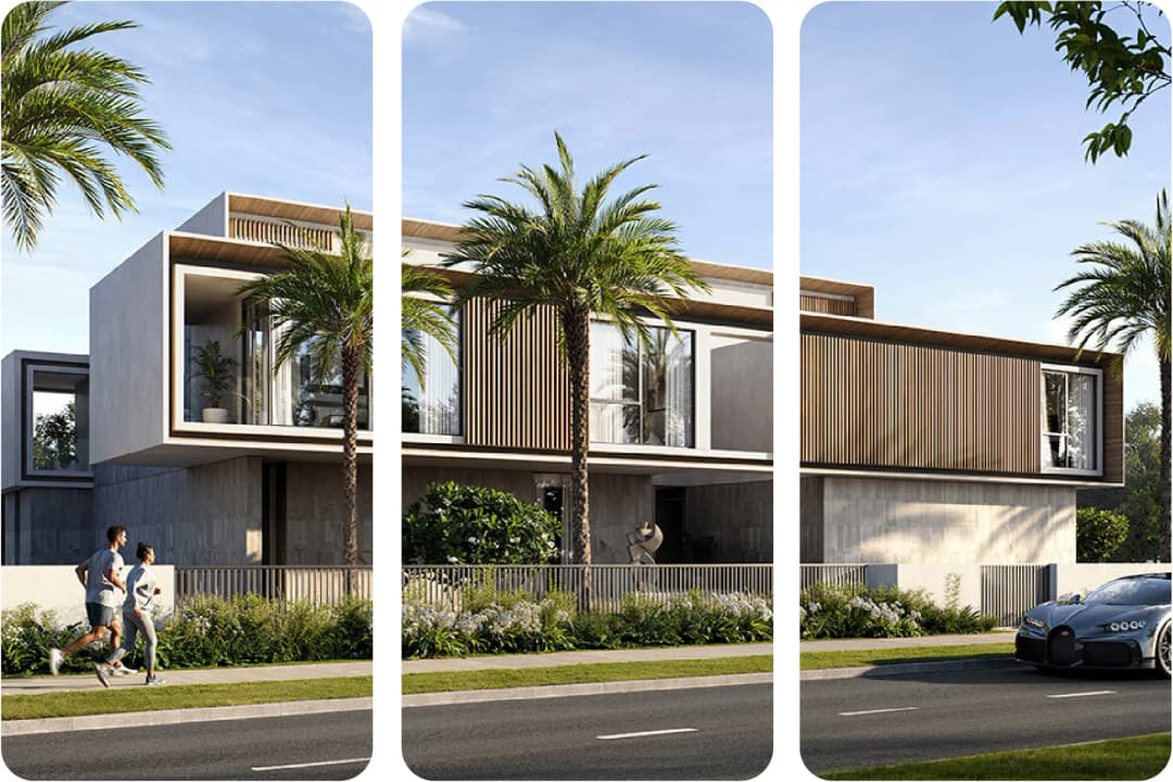 Modern luxury villa with sleek design, driveway, and garden