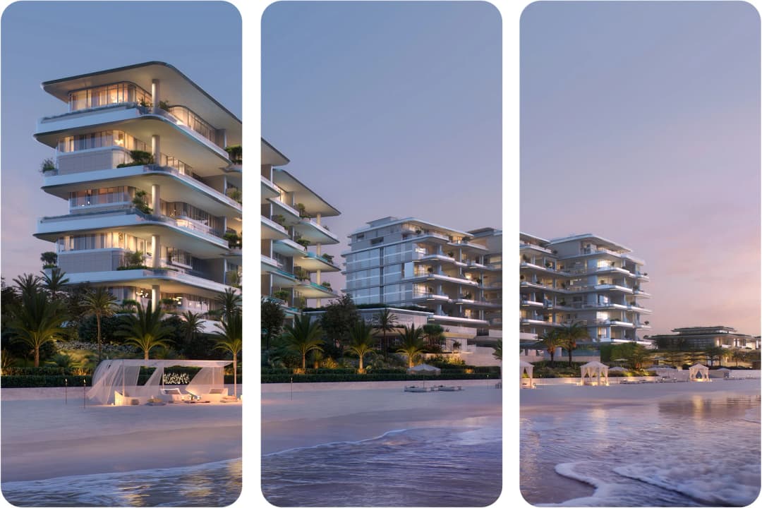 مبنى عصري على الواجهة البحرية مع شرفات وأشجار نخيل