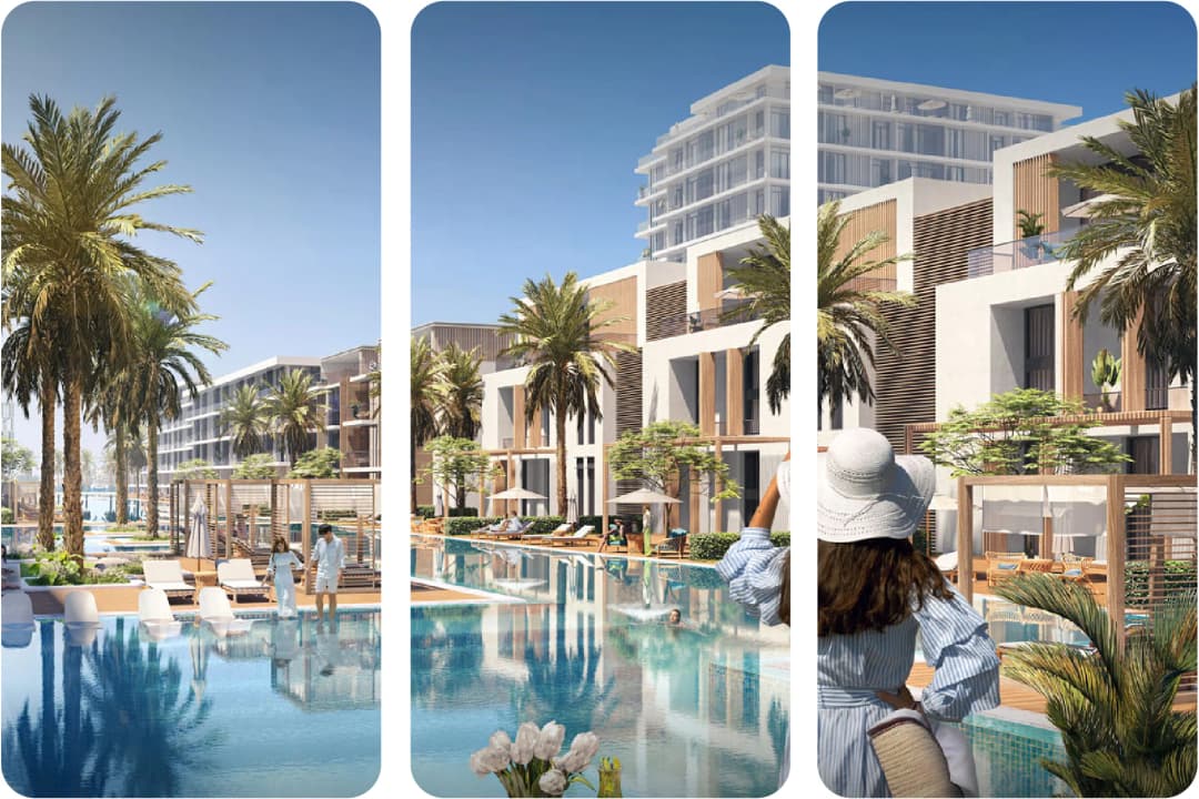 Aerial view of Dubai waterfront with skyscrapers, beaches, and a marina